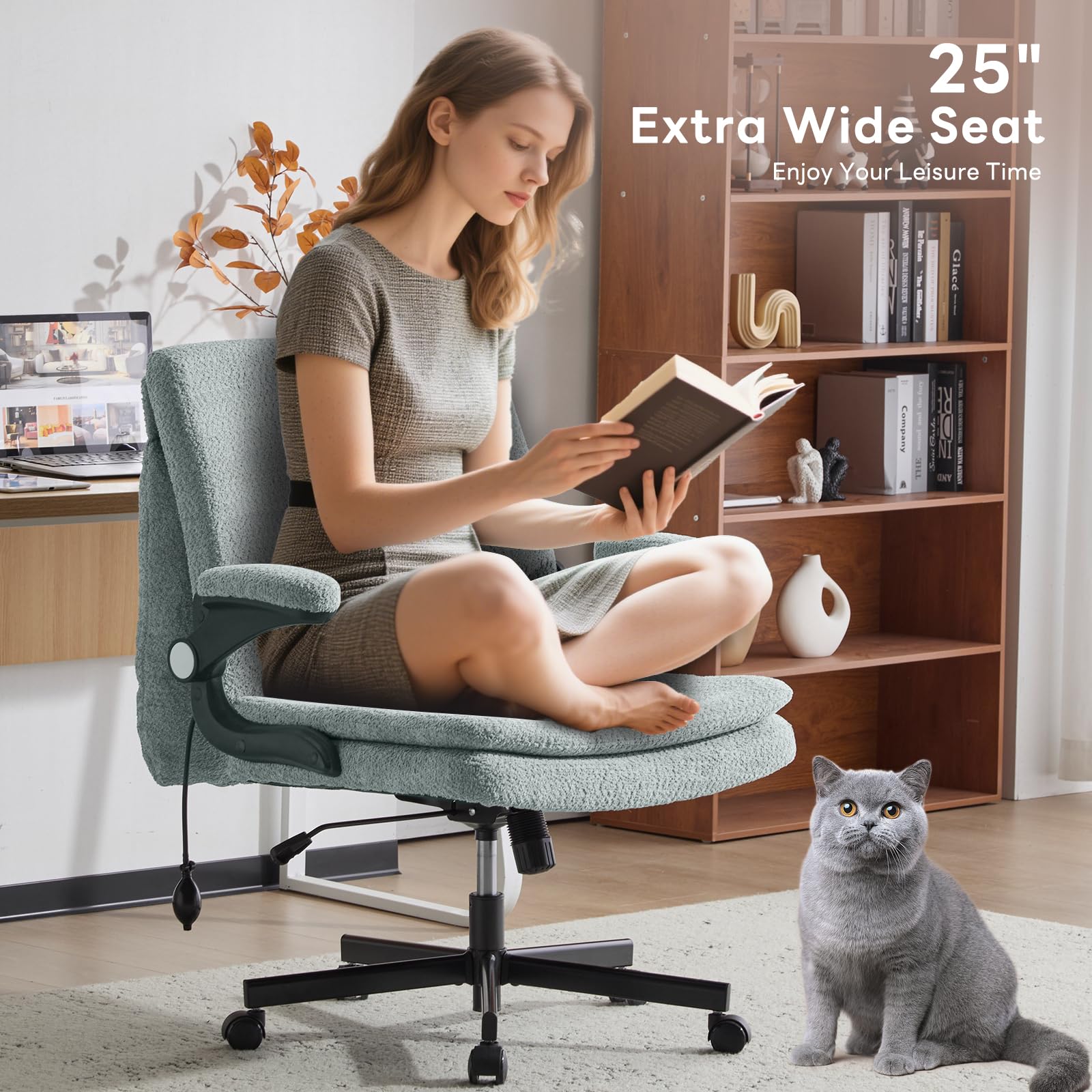 Criss Cross Office Chair with 2 in 1 Inflatable Flip-up Back, Ergonomic Wide Seat Desk Chair with Adjustable Arms and Wheels, Cross Legged Office Chair for Home & Office, Light Green