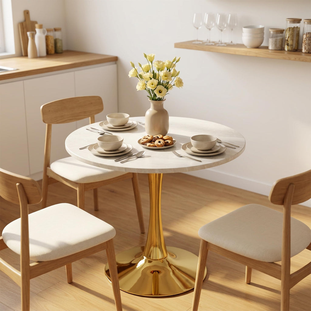 Sybrioka 27.6" Marble Round Tulip Table, Mid-Century Modern Style Dining Table with Gold Pedestal Base for 2-4 People, Featuring A Marble Tabletop for Kitchen, Dining Room, Cafe (Grayish White)