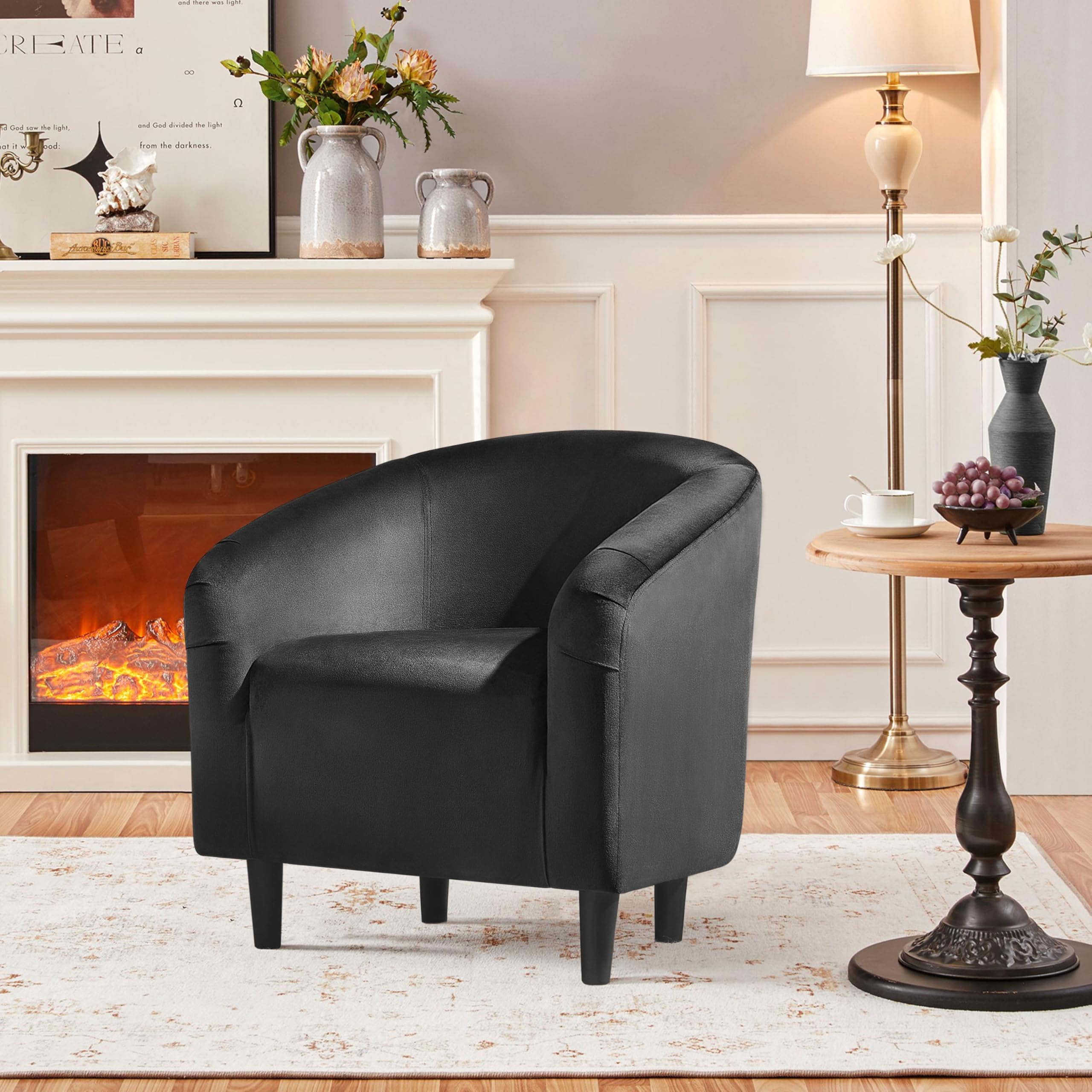 Barrel Chair, Modern Accent Chair Comfy Velvet Armchair Club Sofa Chair Vanity Chair for Living Room Bedroom Office Small Space, Black