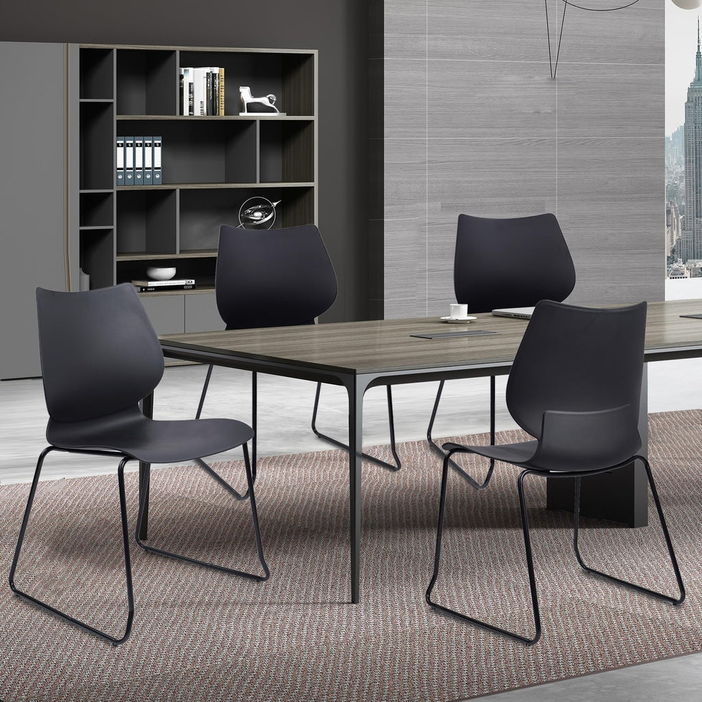 Set of 4, Stackable Waiting Room Chair, Stacking Office Chair with Ergonomic Lumbar Support and Metal Legs, Plastic Desk Chairs for Conference School Church Guest Reception, Black