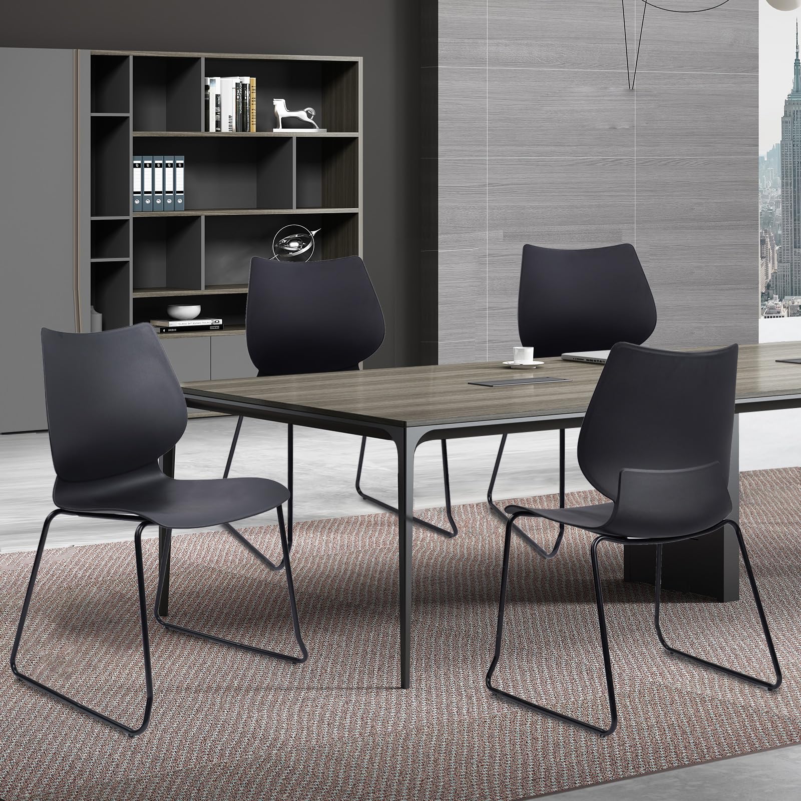 Set of 4, Stackable Waiting Room Chair, Stacking Office Chair with Ergonomic Lumbar Support and Metal Legs, Plastic Desk Chairs for Conference School Church Guest Reception, Black