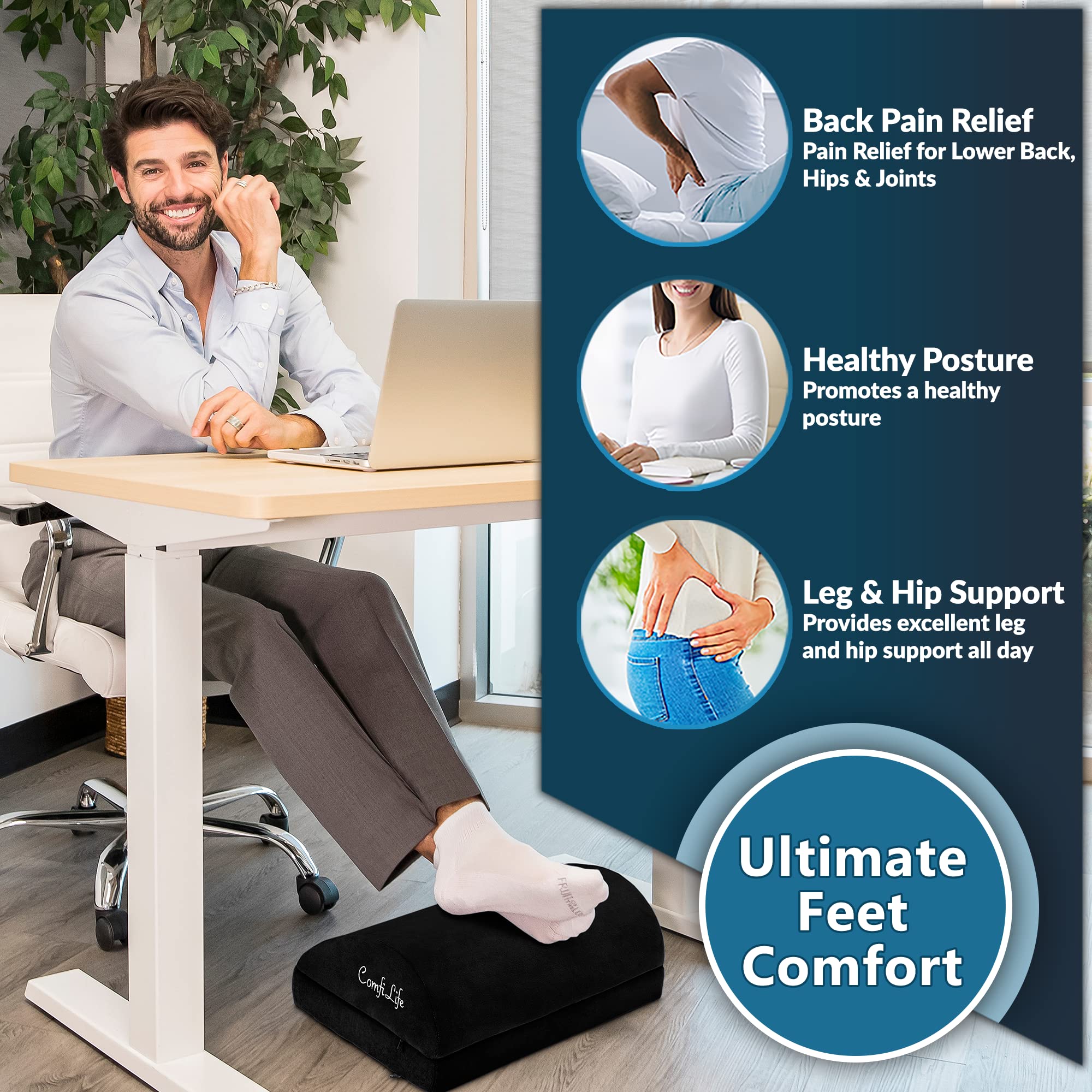 Foot Rest for Under Desk at Work – Adjustable Desk FootRest for Office Chair, Gaming Accessories – Ergonomic Teardrop Design for Back, Hip & Leg Pain Relief – 100% Memory Foam (Black)