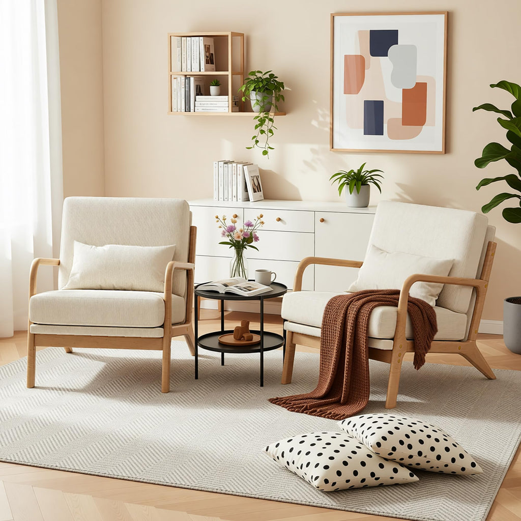 Mid-Century Modern Accent Chair, Armchair with Solid Wood Frame & Lumbar Pillow, Comfy Upholstered Lounge Chair for Office, Bedroom, Corduroy, Beige