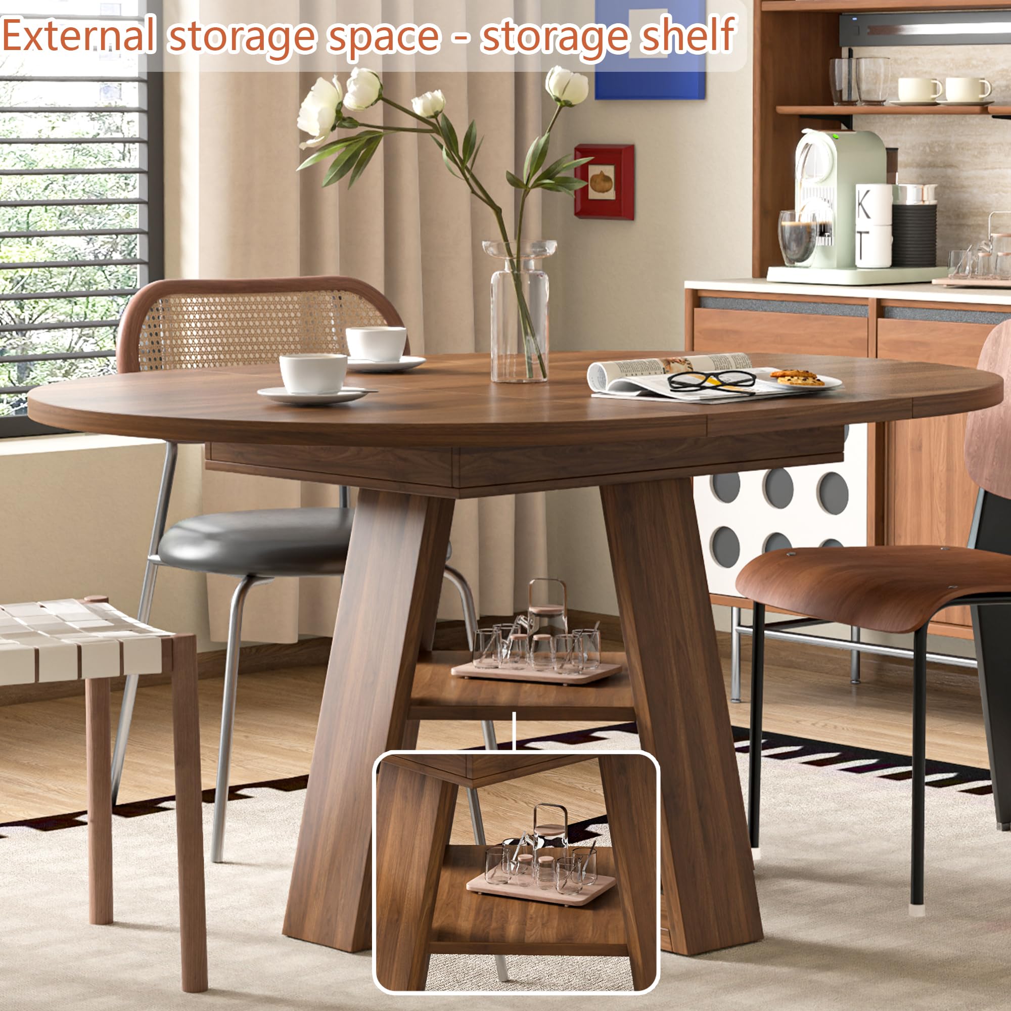 43.3in-59in Extendable Round Conference Table for 4-6 People,Wooden Oval Meeting Room Table with Removable Leaves,Space Saving,Office Table with Storage Shelf for for Office Conference Room