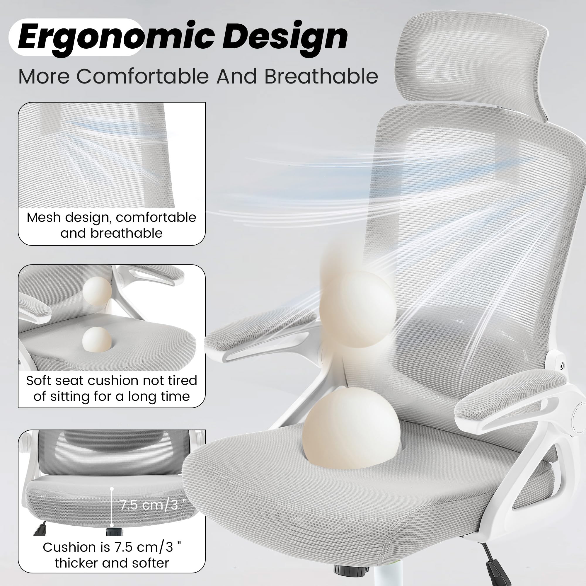 Ergonomic Office Chair, 400 LBS Desk Chair with Adjustable Lumbar Support, High Back Breathable Mesh Computer Chair Rolling Work Swivel Task Chairs, Comfy Home Office Desk Chair (Gray)