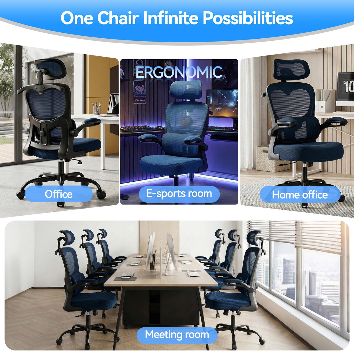Office Chair Ergonomic Desk Chairs with Adjustable Lumbar Support& Headrest Hanger, High Back Breathable Mesh Chair with Wheels, Rolling Swivel Comfy Task Computer Chair for Home Work Gaming