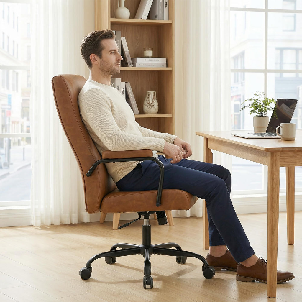 Office Desk Chair,Leather Conference Room Chairs with Wheels,Modern High Back Executive Office Chair with Memory Foam,Ergonomic Swivel Computer Chair for Home Office Brown