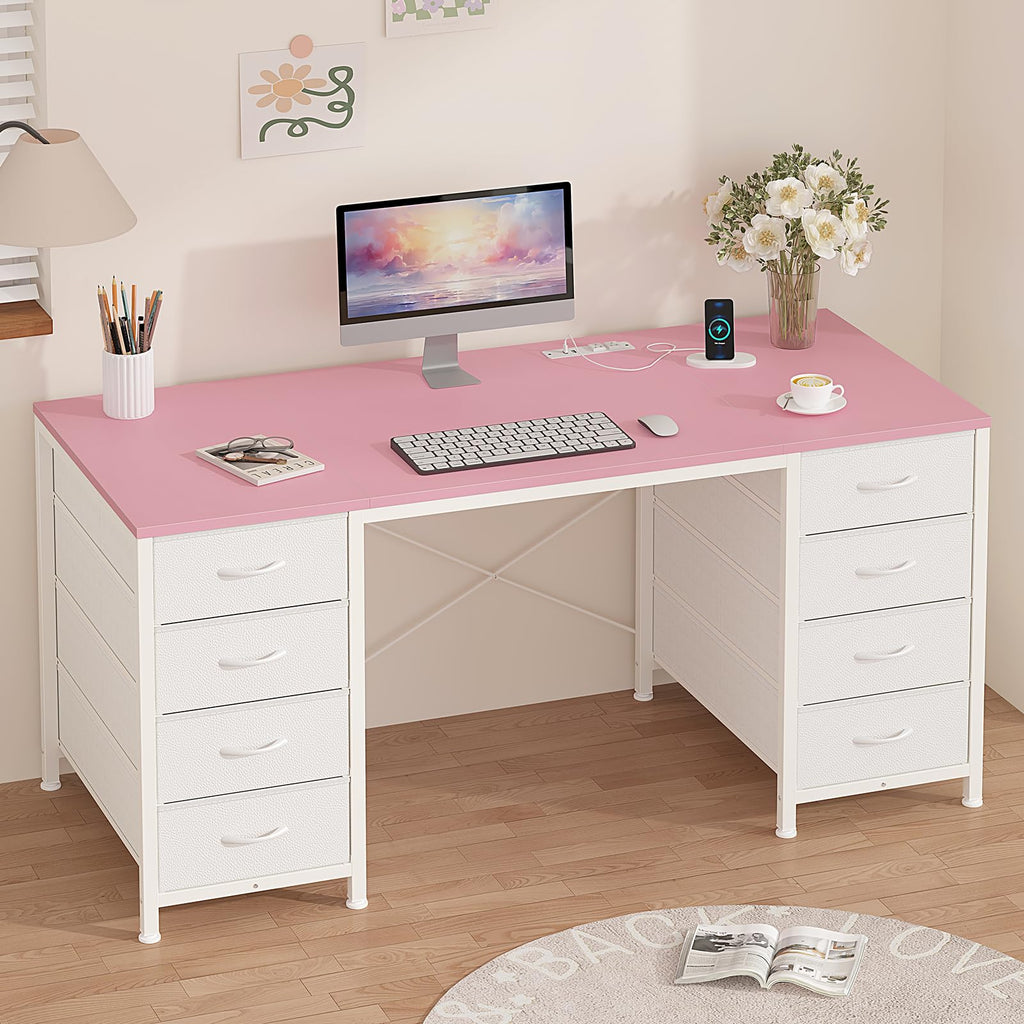 50 Inch Computer Desk with 8 Drawers, Home Office Desk with Power Outlets, Work Study Gaming Desk with 8 Fabric Drawers, Pink