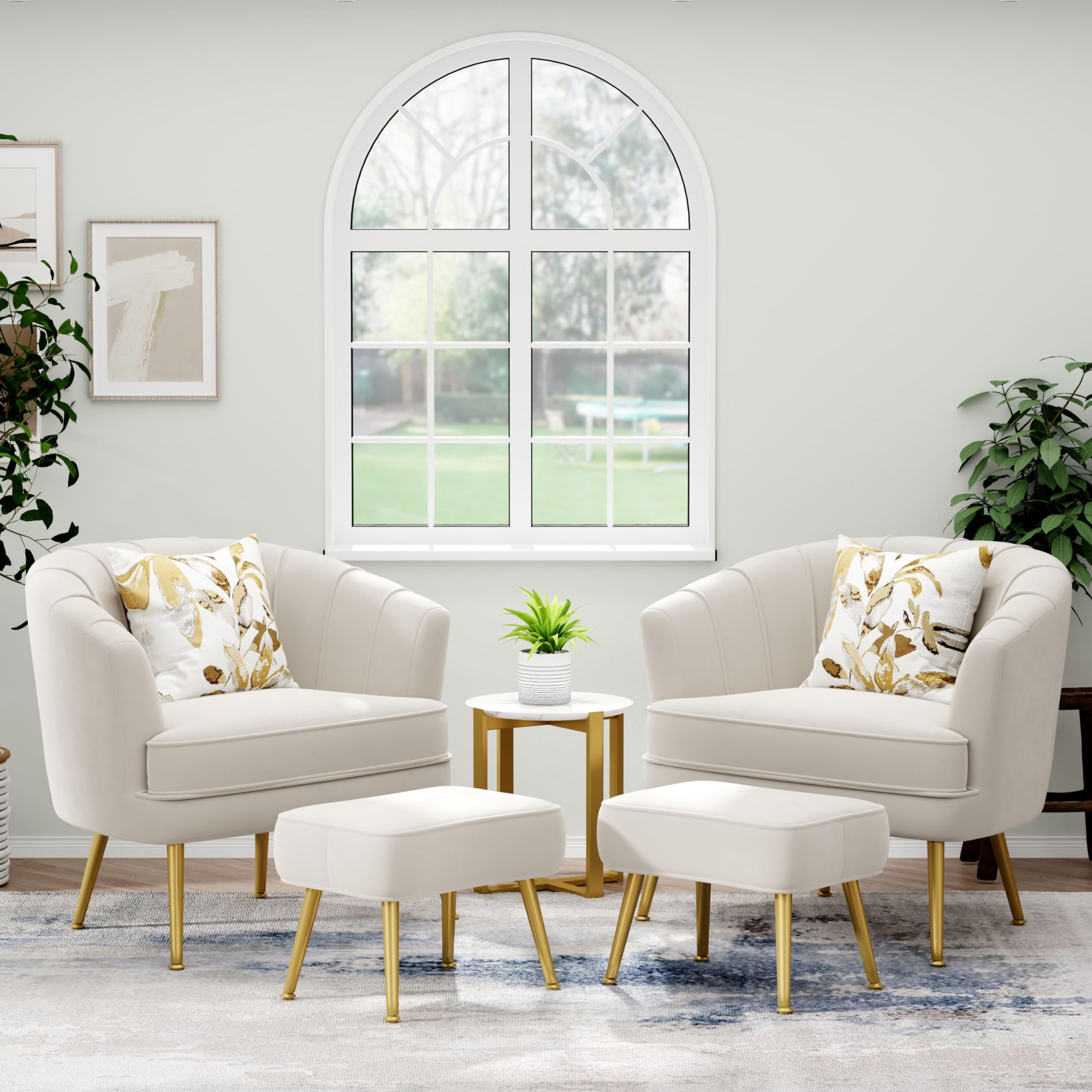 Velvet Accent Chair with Ottoman, Upholstered Modern Single Sofa Side Chair,Comfy Barrel Club Living Room Armchair with Golden Metal Legs for Office Bedroom Living Reading Room , Beige