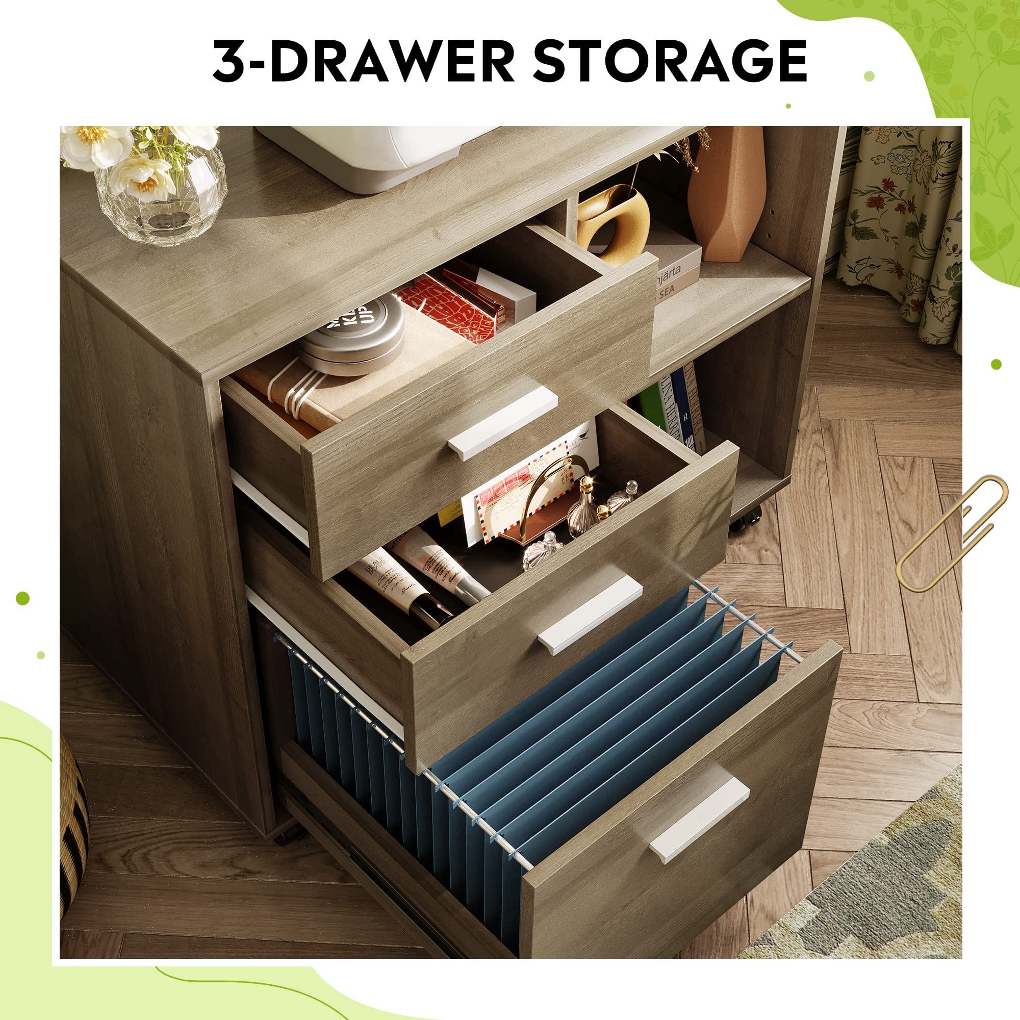 Wood File Cabinet, 3 Drawer Lateral Filing Cabinet, Gray Oak