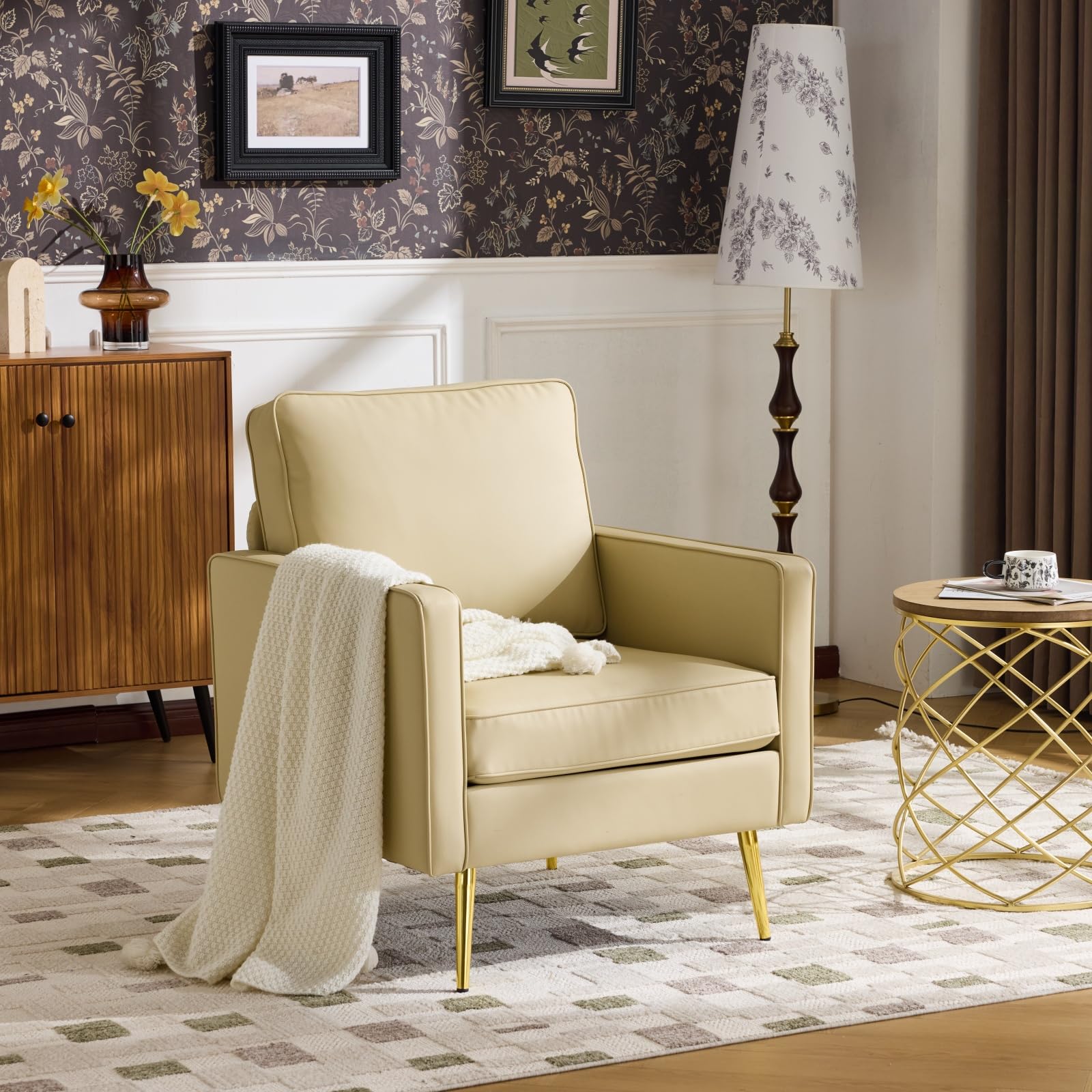 Modern PU Leather Accent Chairs Set of 2, Single Sofa Chair with Pocket Coil Seat, Metal Backrest & Solid Wood Frame, Upholstered Armchair for Office, Living Room, Bedroom