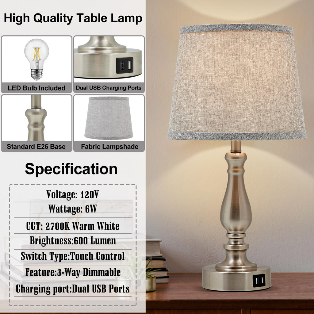 Table Lamps for Bedroom Set of 2,Dimmable Touch Bedside Lamps with Dual USB A+C Ports - Nightstand Lamp for End Table Modern Night Stand Lamps for Living Room Guest Room