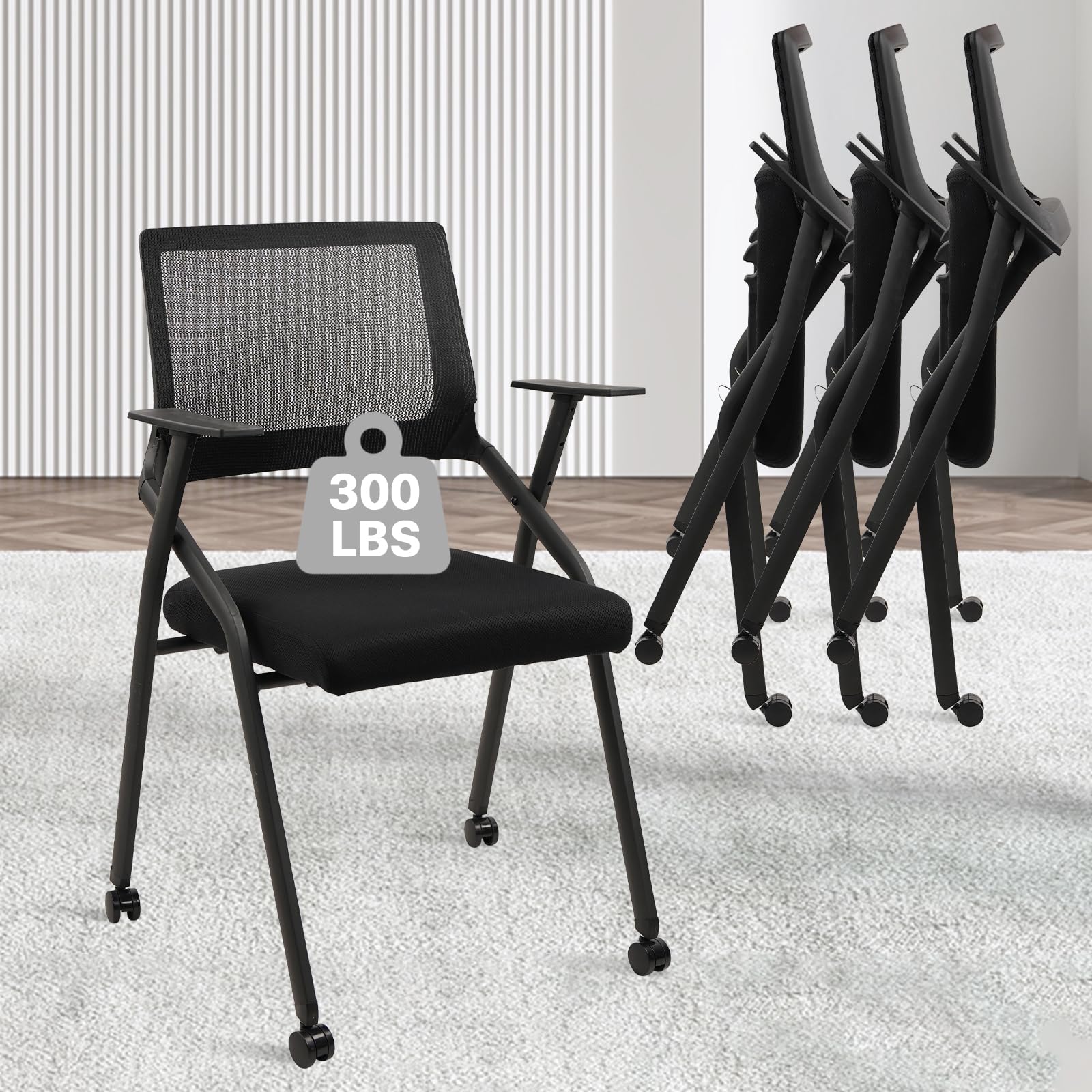 (4pk) Stackable Foldable Conference Room Chairs with Wheels, Portable Padded Office Desk Chair with Lumbar Support and Armrest for Training Room, Guest, Reception, Event, Black
