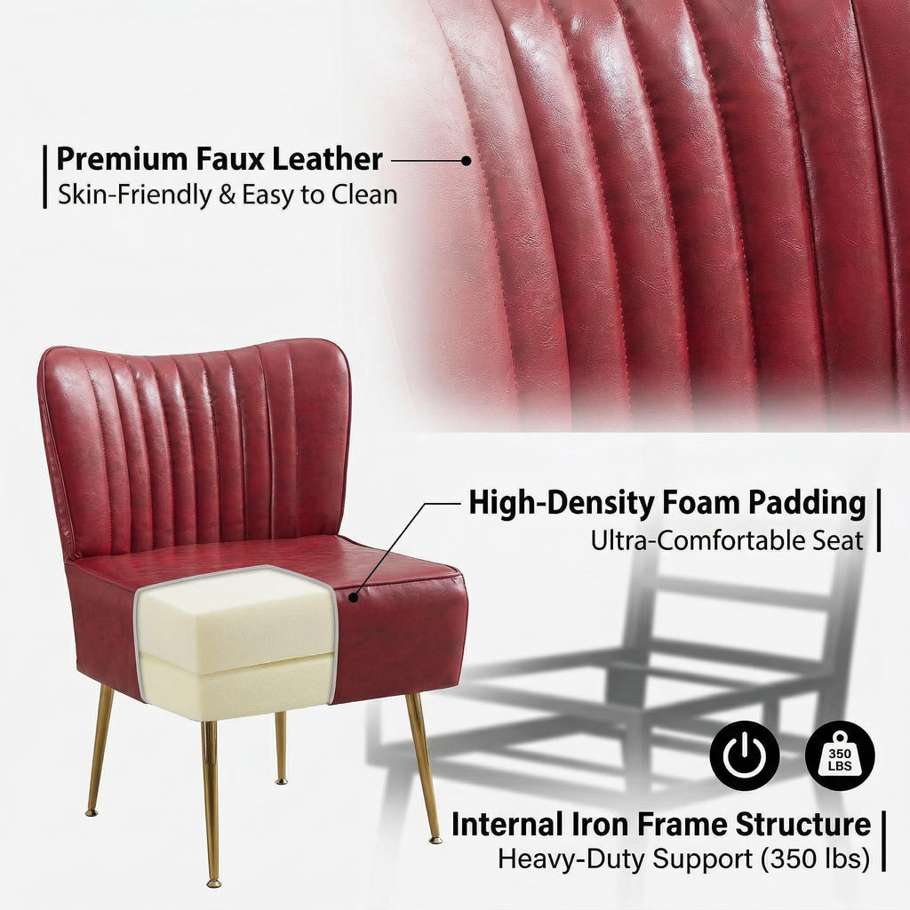 Modern Leather Accent Chairs Set of 6, Vintage Slipper Chair with Heavy Duty Iron Frame & Gold Legs, Mid Century Side Sofa Chair for Living Room Office（Wine Red）