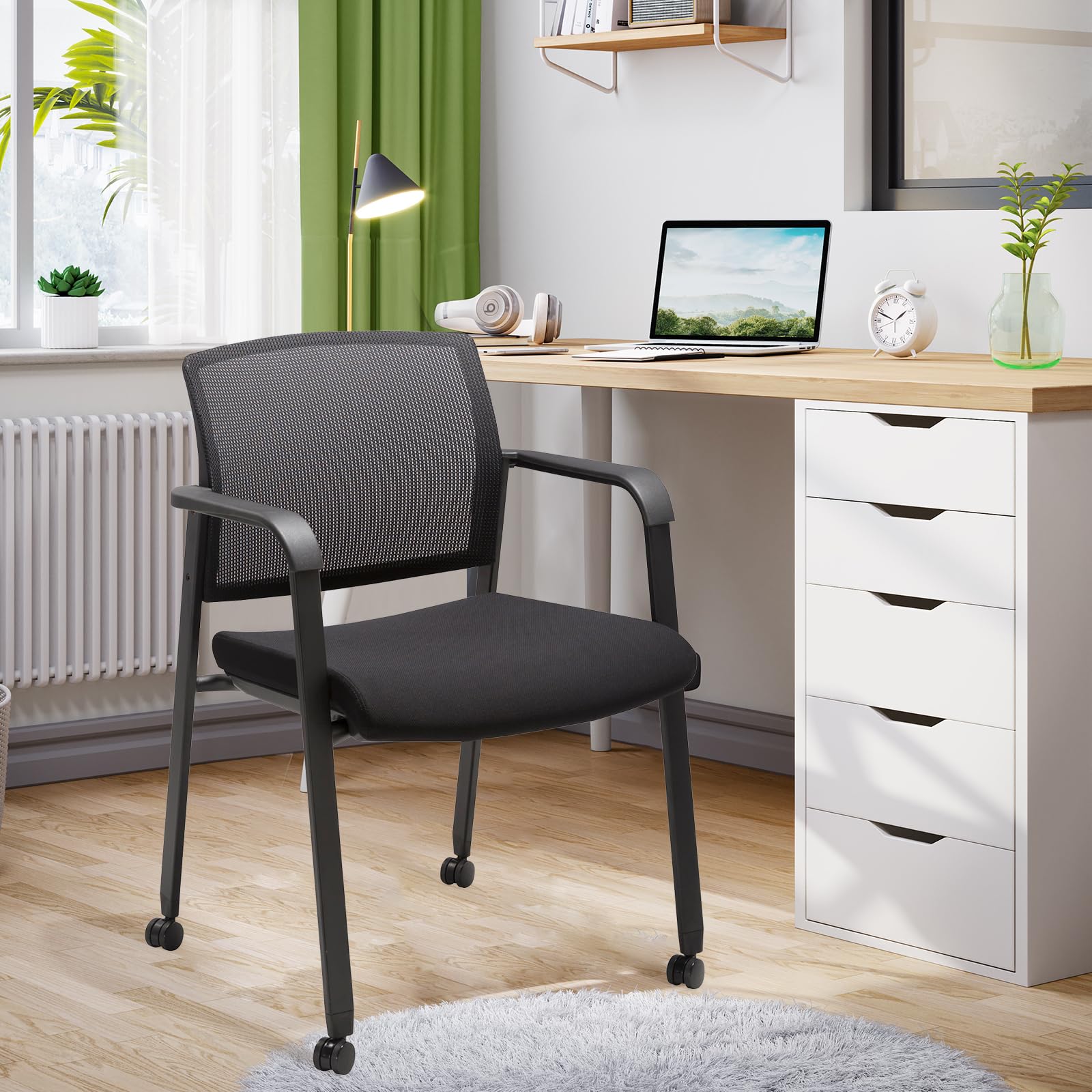 Mesh Back Guest Reception Arm Chairs with Wheels, Waiting Room Chairs with Upholstered Fabric Seat and Ergonomic Lumbar Support for Office