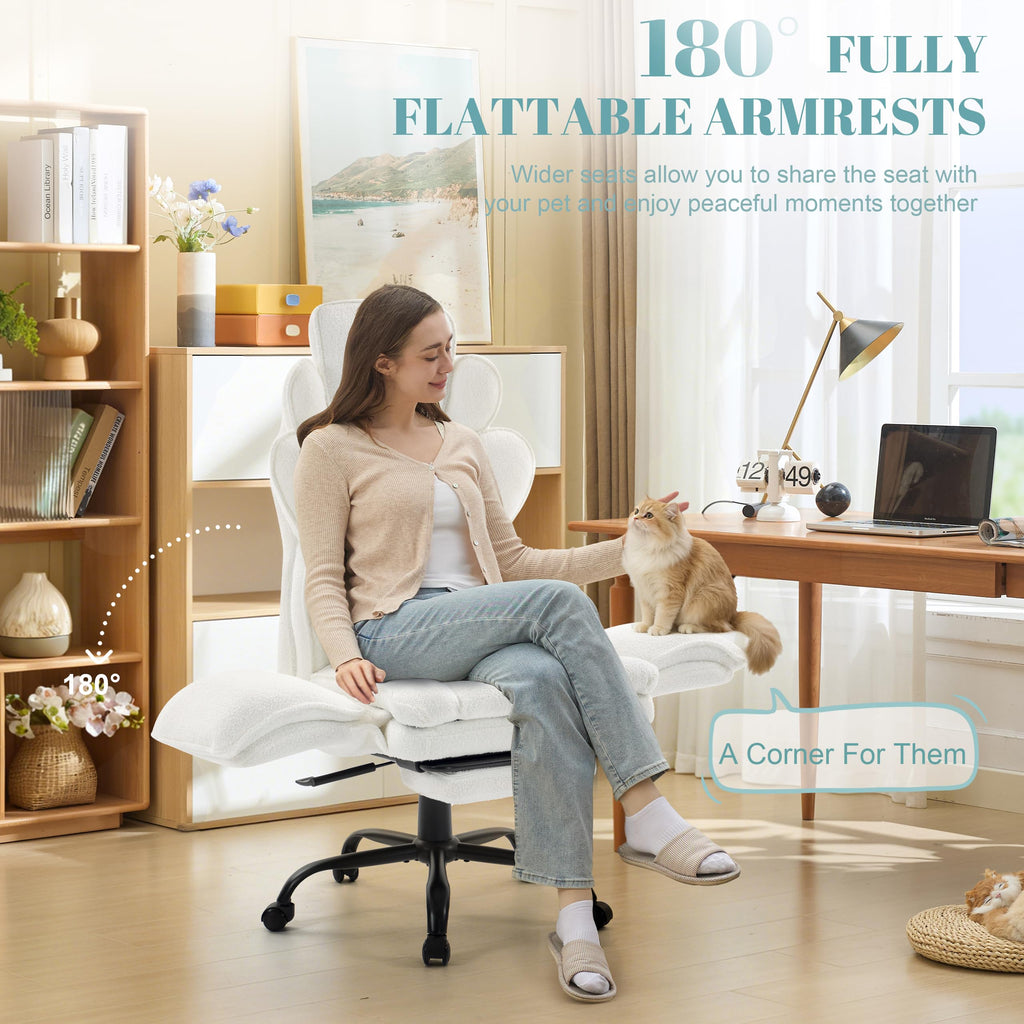 Flip Armrests Criss Cross Office Chair, Reclining Office Chair with Foot Rest, Adjustable Headrest, Massage Waist Pillow, Cross Legged Big and Tall Desk Chair Wide Seat Vanity Chair, Fabric White
