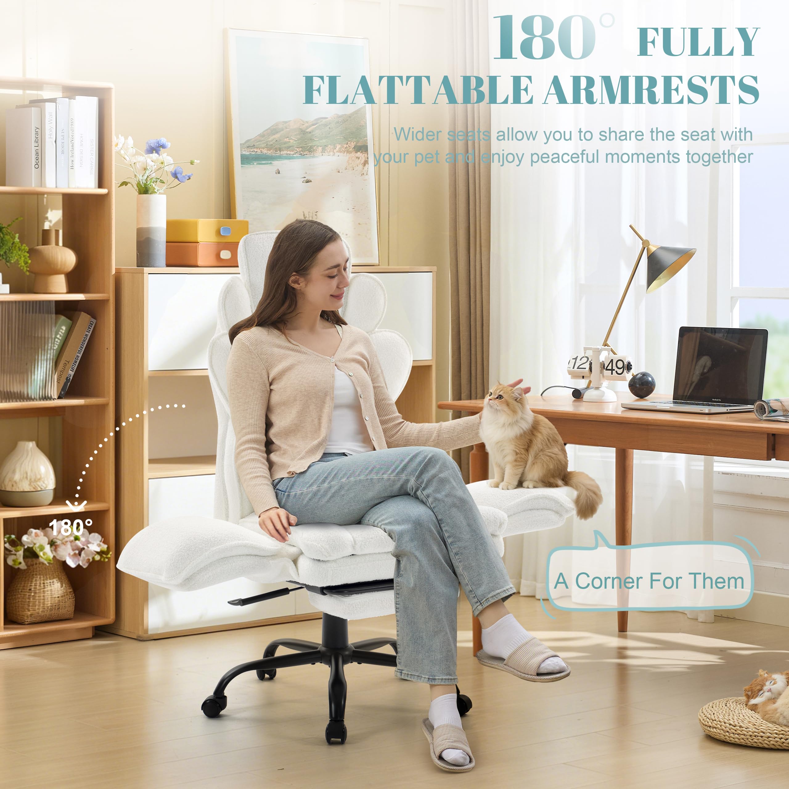Flip Armrests Criss Cross Office Chair, Reclining Office Chair with Foot Rest, Adjustable Headrest, Massage Waist Pillow, Cross Legged Big and Tall Desk Chair Wide Seat Vanity Chair, Fabric White