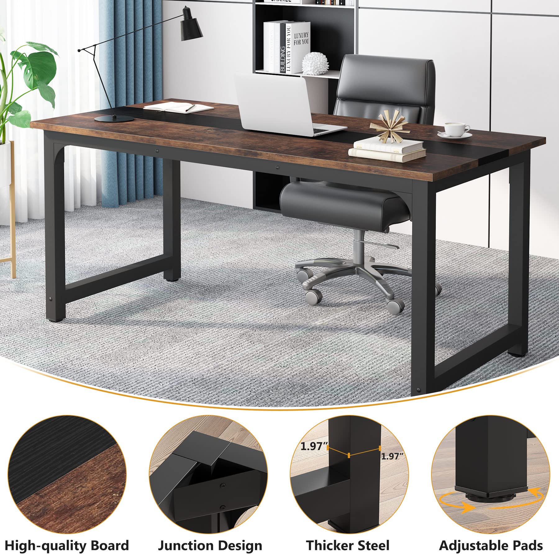 70.8”Executive Desk, Large Office Computer Desk with Thicken Frame, Modern Simple Workstation Business Furniture for Home Office, Vintage Brown/Black