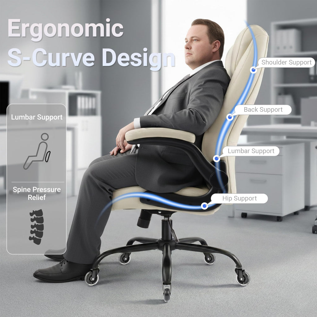 Big and Tall Office Chair for Heavy People, 500LBS High Back Extra Wide Executive PU Leather Office Chair with Flip-Up Armrests, Quiet Rubber Wheels, Comfortable Home Office Desk Chair (White)