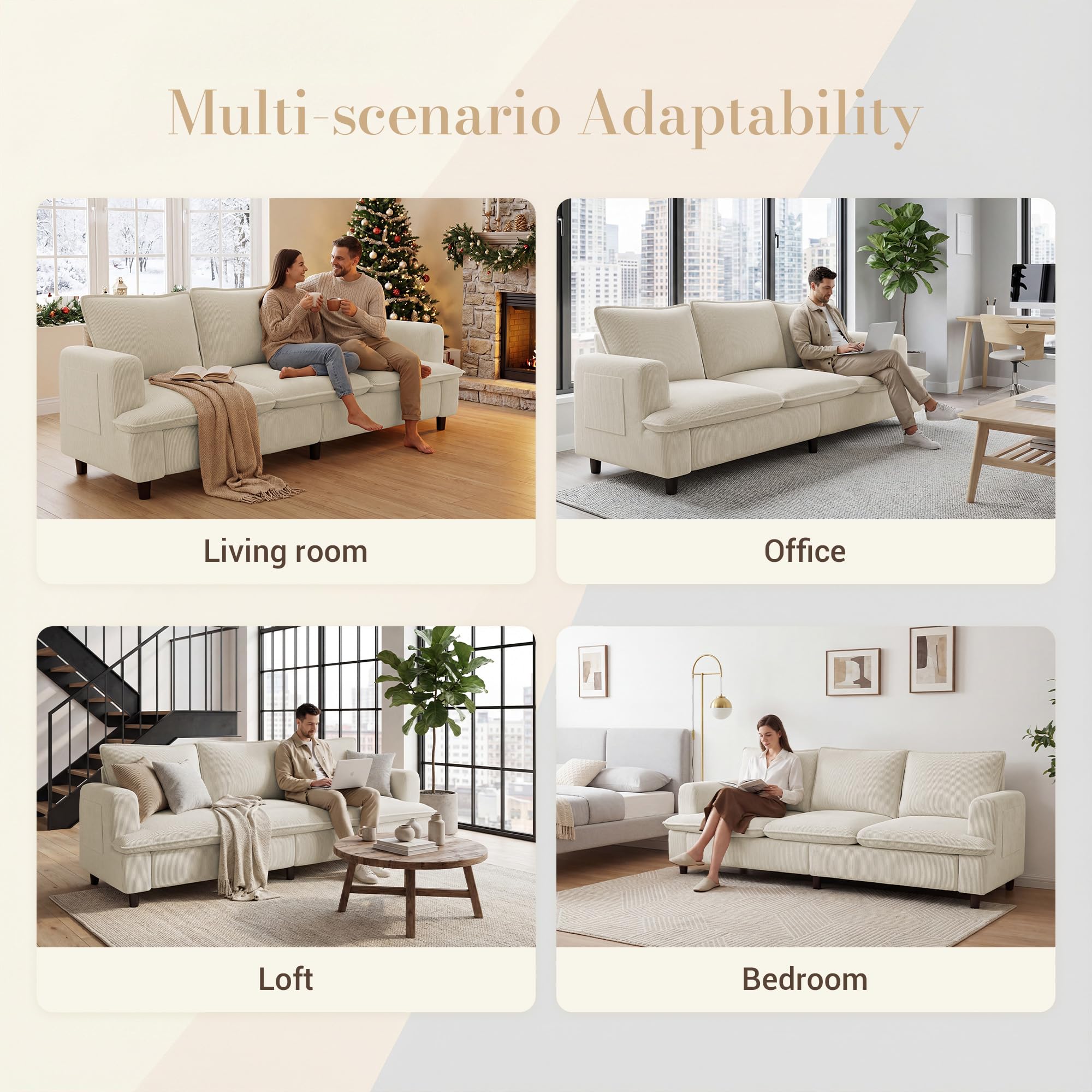 3 Seater Couch, 83" Comfy Corduroy Sofa with Deep Seat, Modern Sofa Couch for Living Room, Office, Bedroom, Apartment (Pillows not Included)