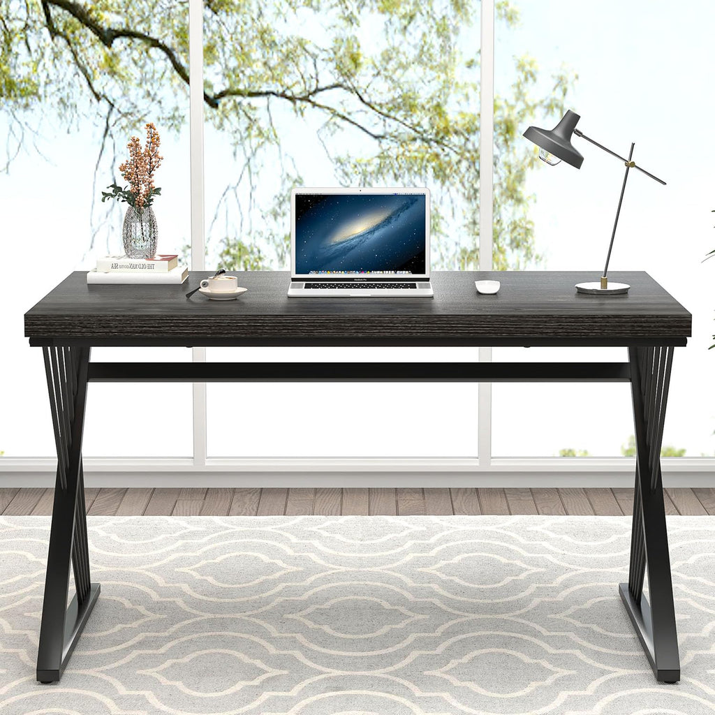 Modern Home Office Desks, Rustic Wood and Metal Computer Desk, Industrial Writing Study Gaming Table for Living Room Bedroom, Dark Gray, 47 Inch