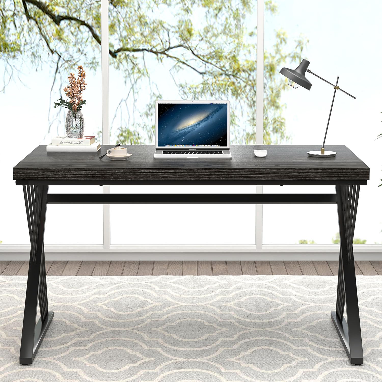 Modern Home Office Desks, Rustic Wood and Metal Computer Desk, Industrial Writing Study Gaming Table for Living Room Bedroom, Dark Gray, 47 Inch