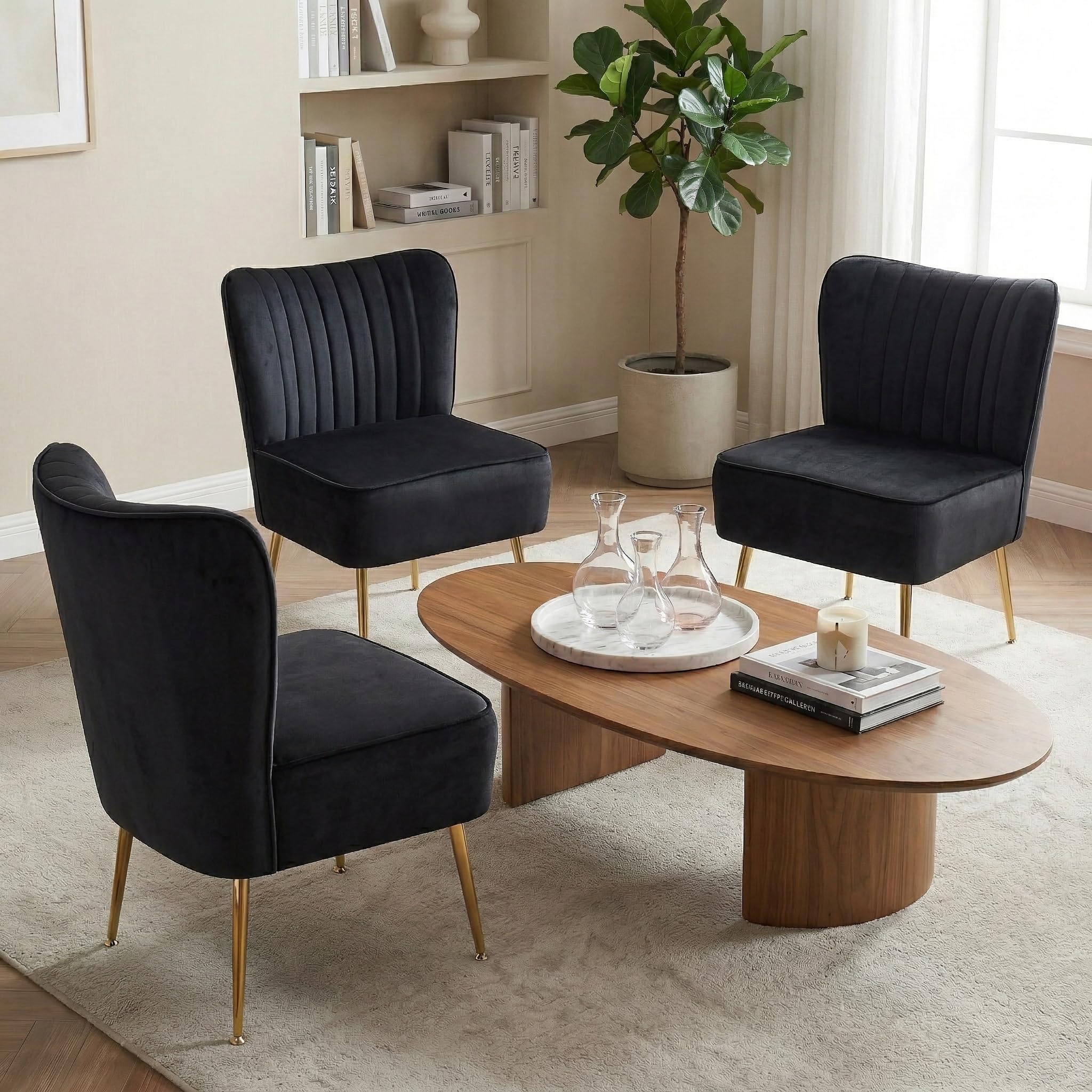 Modern Velvet Accent Chairs Set of 3, Comfy Slipper Chair with Heavy Duty Iron Frame & Gold Legs, Mid Century Side Sofa Chair for Living Room Bedroom Vanity(Black)