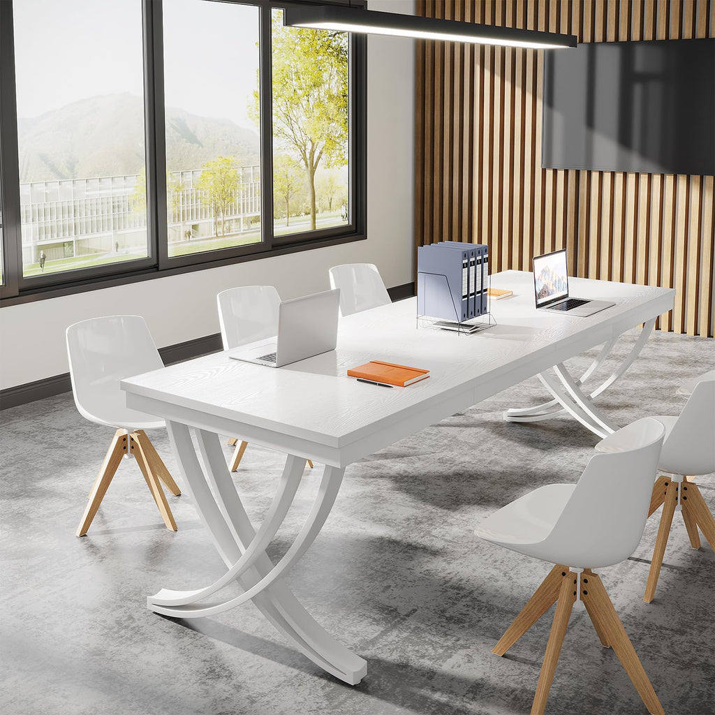 6.5FT Conference Table for 6-8 People, 78 inch Long Rectangular Seminar Table with Strong Metal Frame, Business Furniture Boardroom Desk for Office Meeting Conference Room (1PC, White)