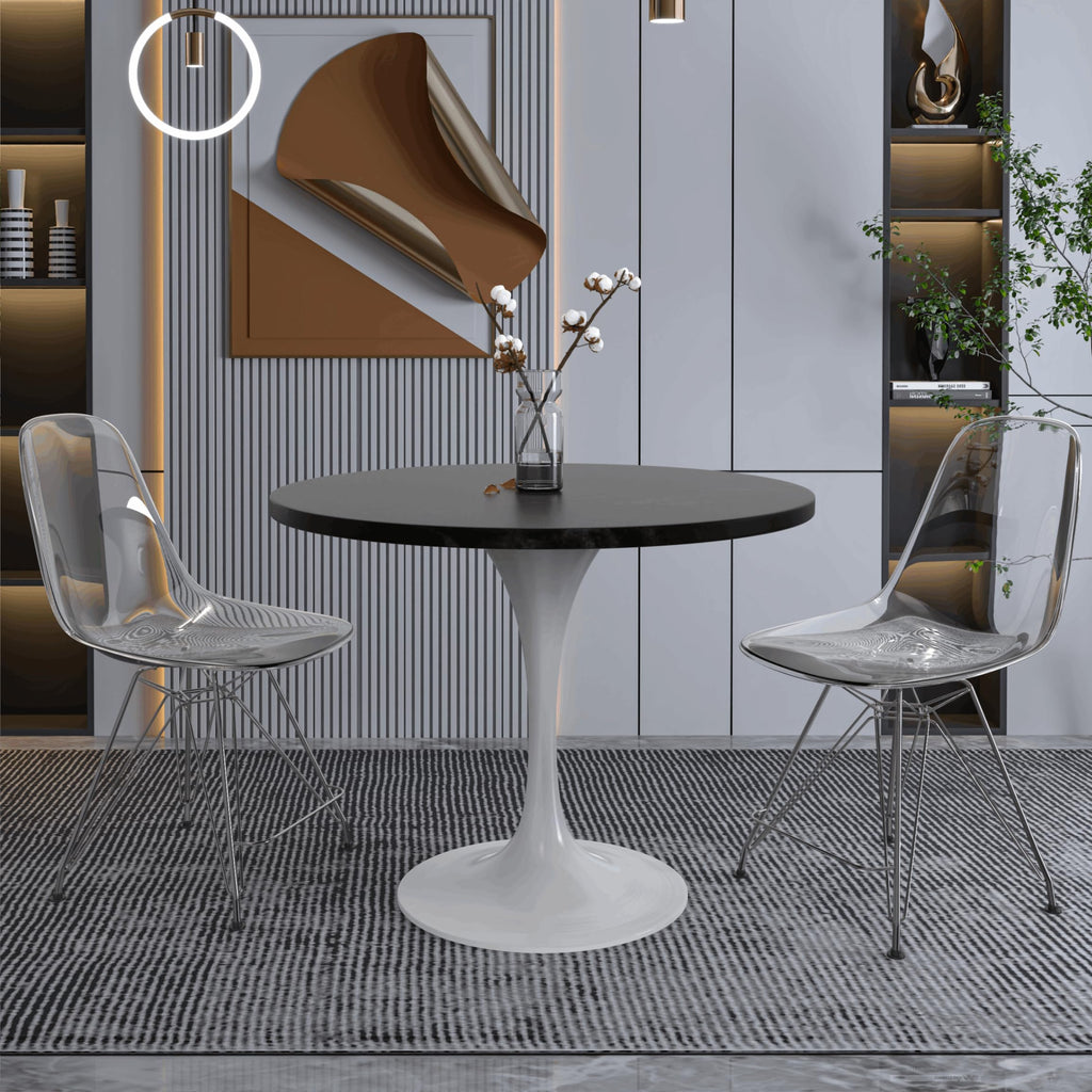 Verve Mid-Century Modern 36 Inch Round Dining Table, MDF Wood Tabletop with White Steel Pedestal Base, Contemporary Kitchen & Dining Room Table, for Small Spaces (Black)
