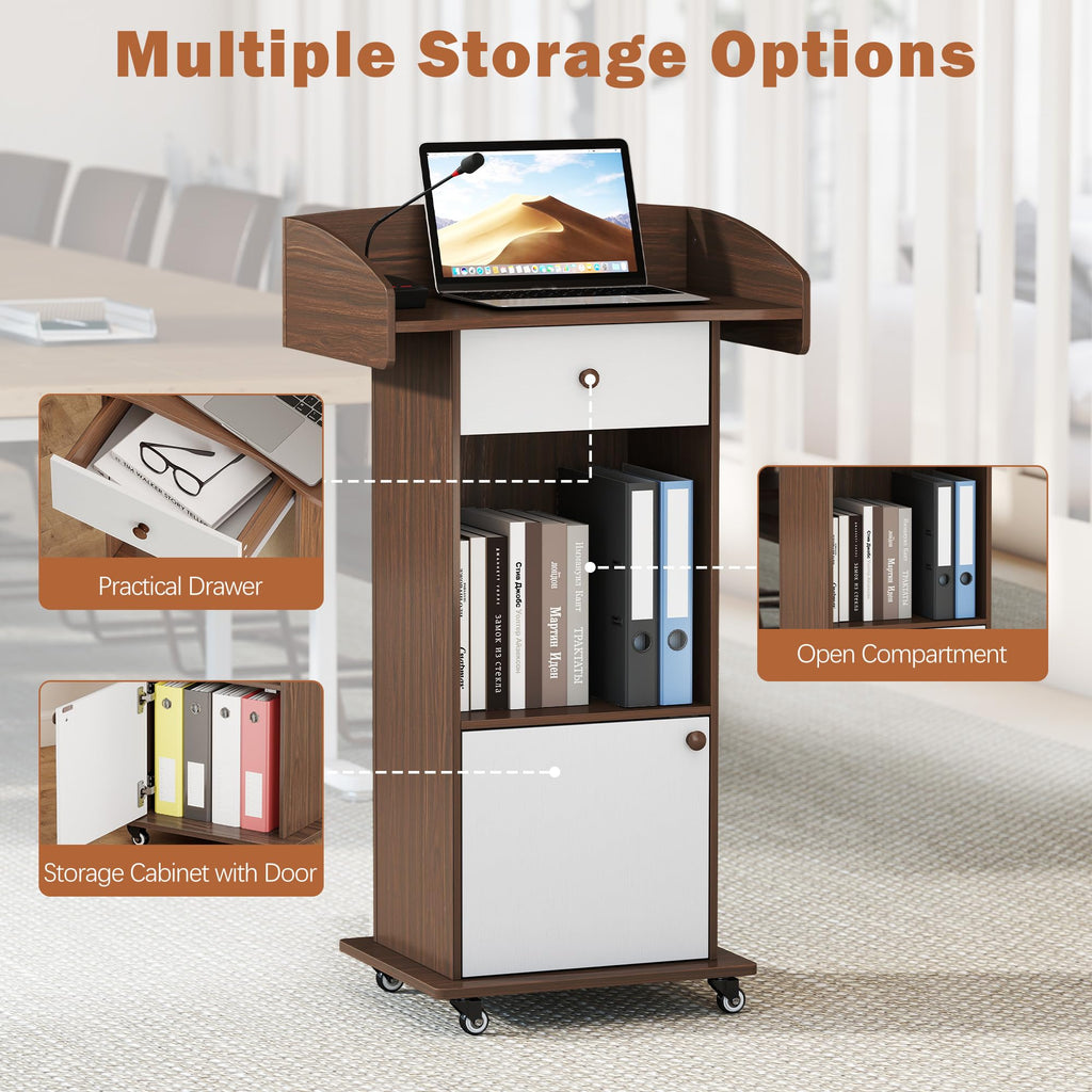 Podium Stand with Metal Wheels Wooden Lectern Podium Stand Portable Pulpit Standing with Storage Mobile Reception Podiums for Church Office School Conference Restaurant Meeting,Brown White