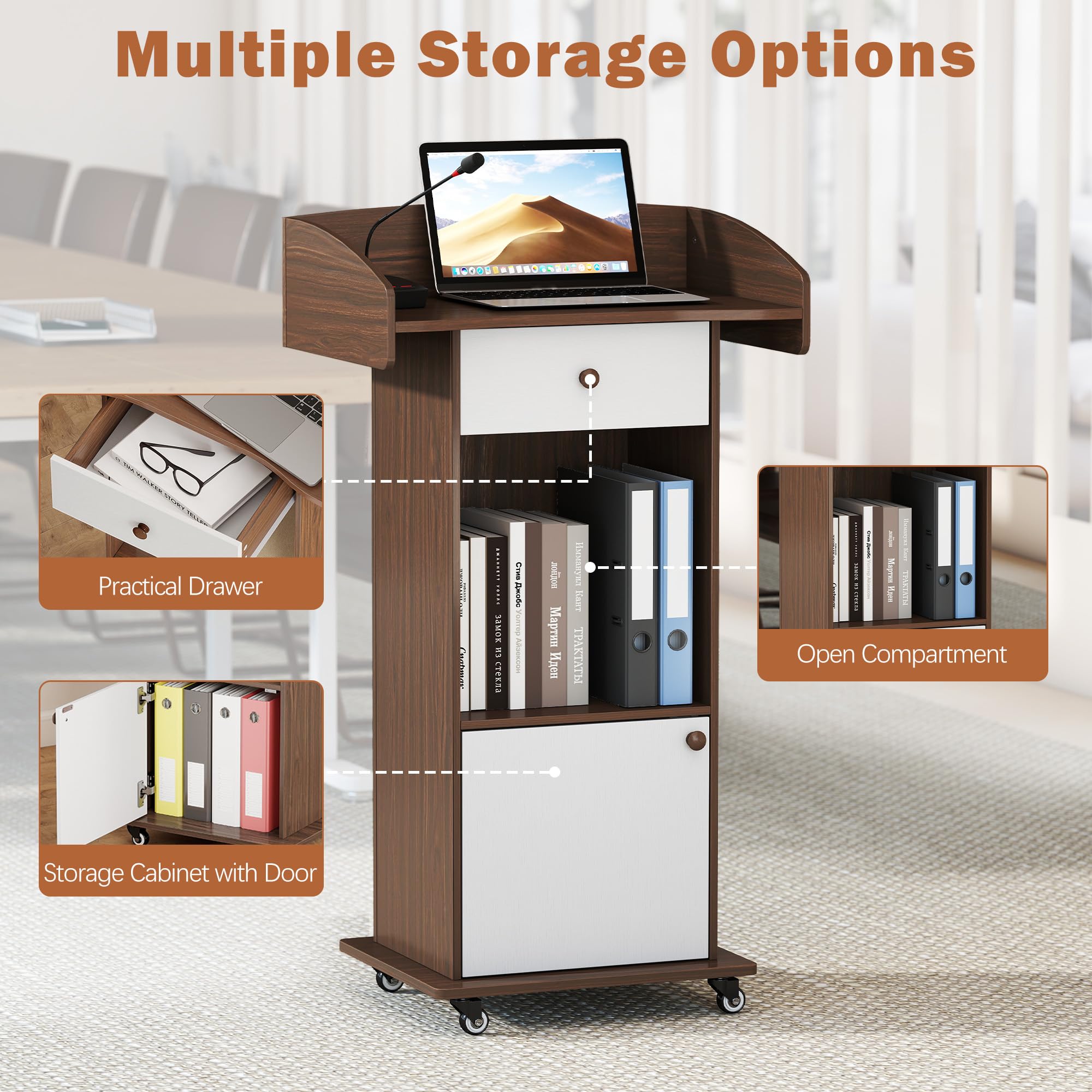 Podium Stand with Metal Wheels Wooden Lectern Podium Stand Portable Pulpit Standing with Storage Mobile Reception Podiums for Church Office School Conference Restaurant Meeting,Brown White