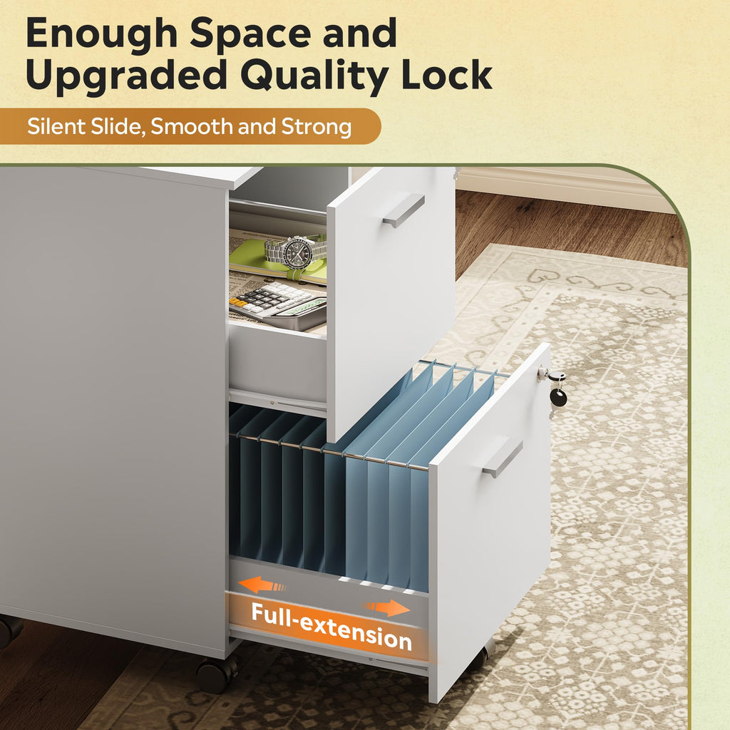 2 Drawer File Cabinet with Lock, Mobile Printer Stand, White