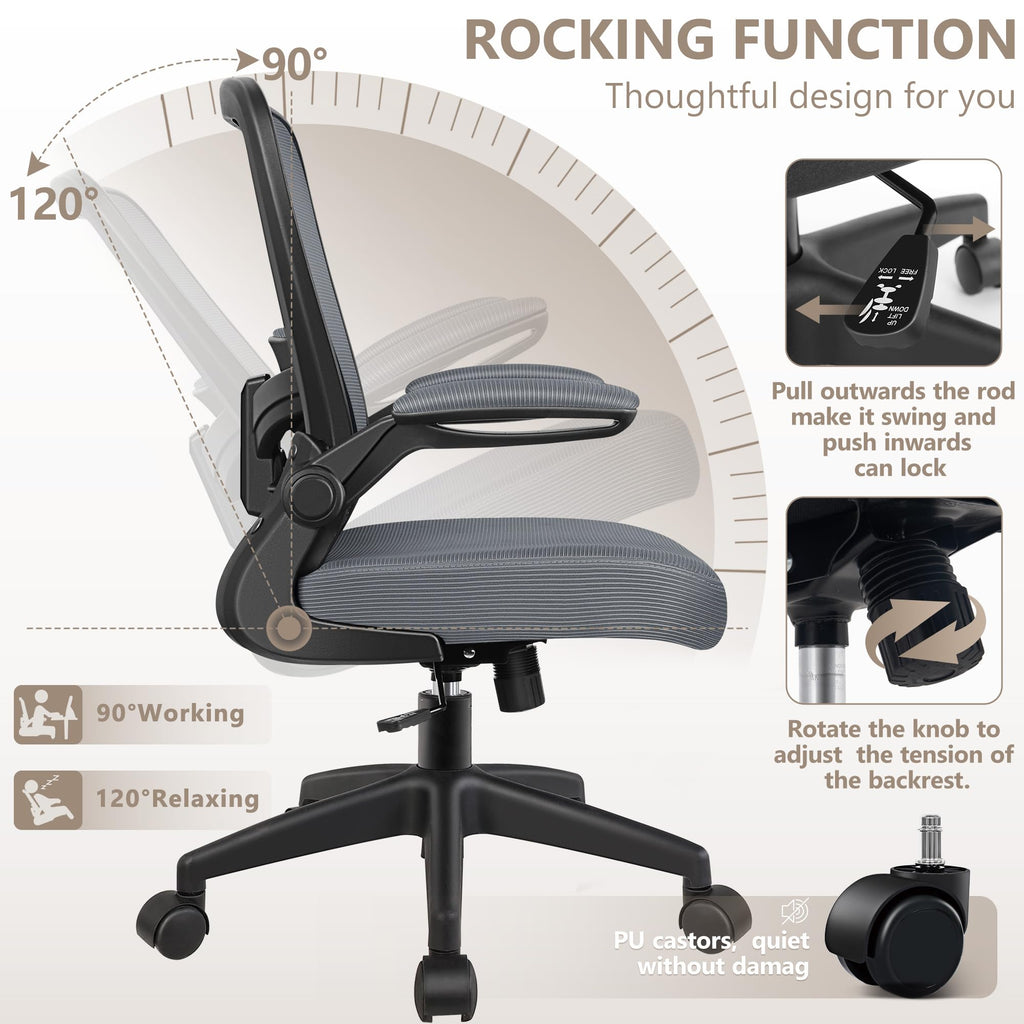 Office Chair, Ergonomic Desk Chair Breathable Mesh Chairs Adjustable High Back Lumbar Support Flip-up Armrests, Executive Rolling Swivel Comfy Computer Chairs Home Office Slate Gray