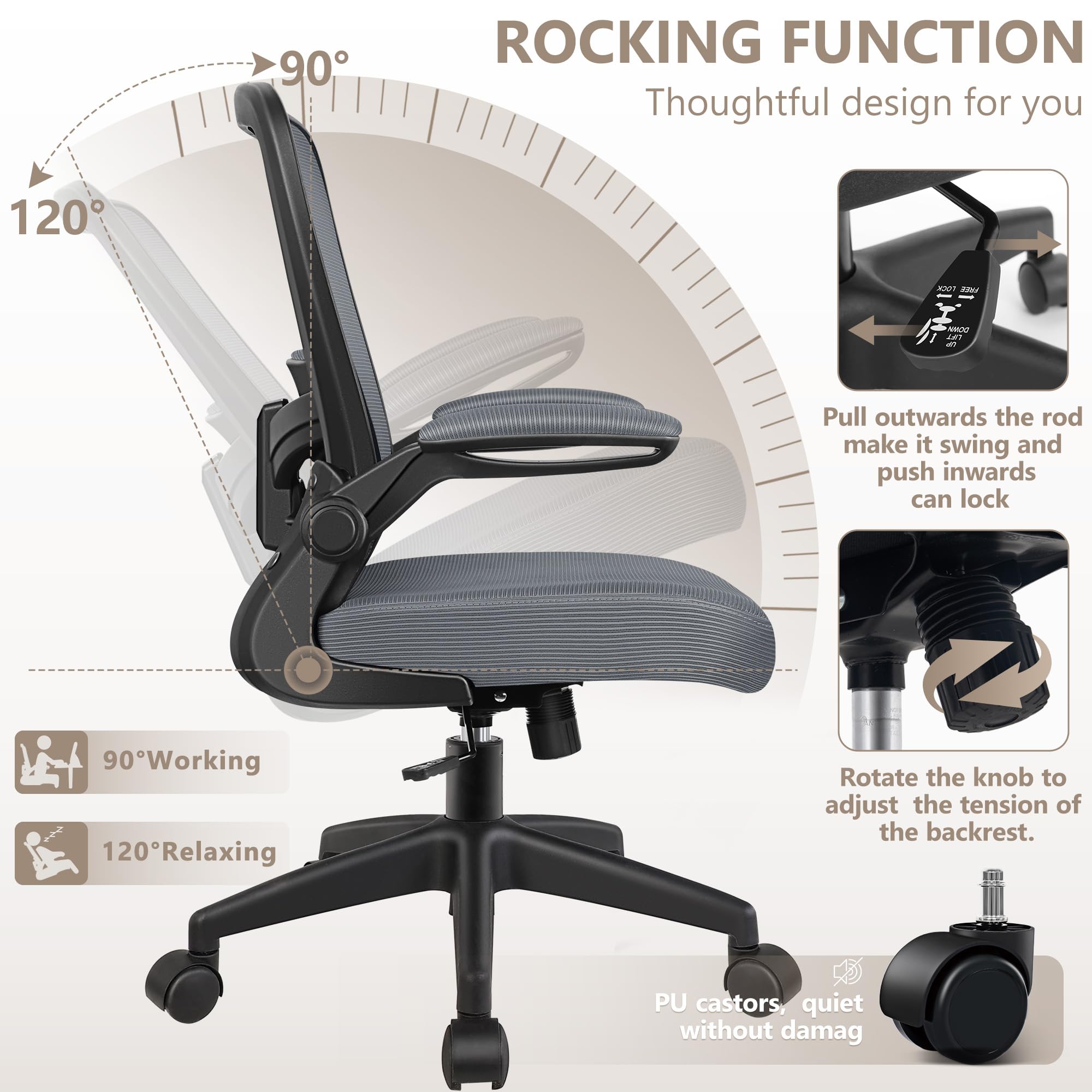 Office Chair, Ergonomic Desk Chair Breathable Mesh Chairs Adjustable High Back Lumbar Support Flip-up Armrests, Executive Rolling Swivel Comfy Computer Chairs Home Office Slate Gray