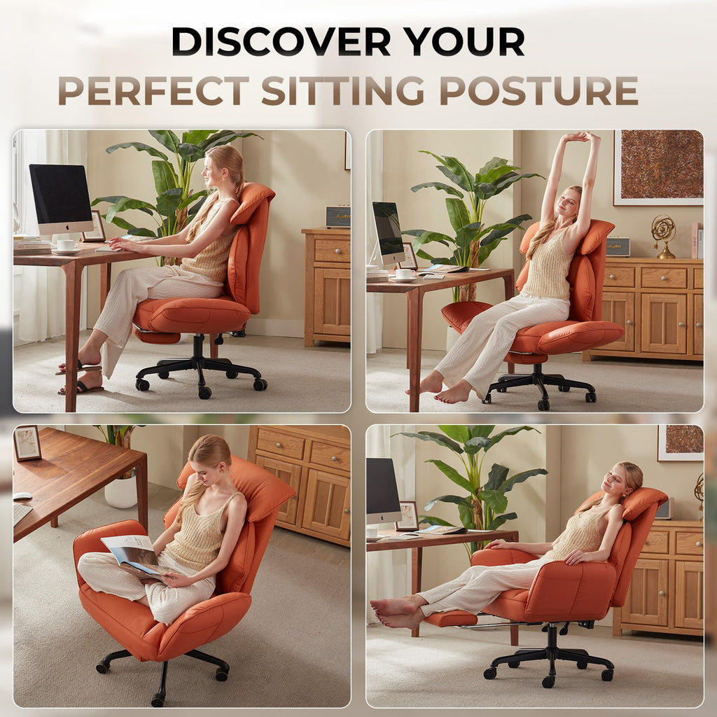 Cross Legged Office Chair with Pivoting Armrests,Criss Cross Chair with Pocket Spring Seat & Back,Reclining Computer Gaming Chair with Footrest and Metal Base (Orange)