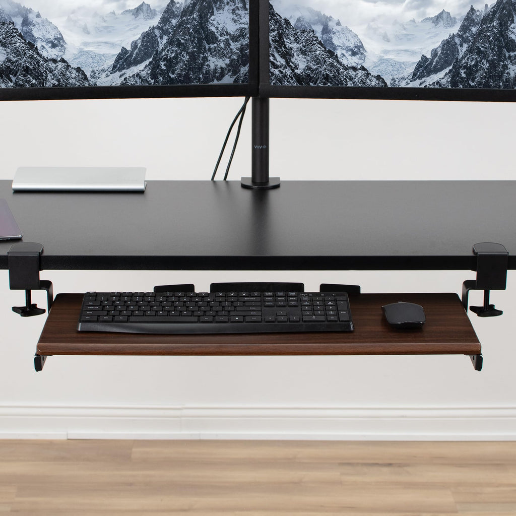 Large Clamp-on Computer Keyboard and Mouse Under Desk Slider Tray, 27 x 11 inch Pull Out Platform Drawer, Dark Wood