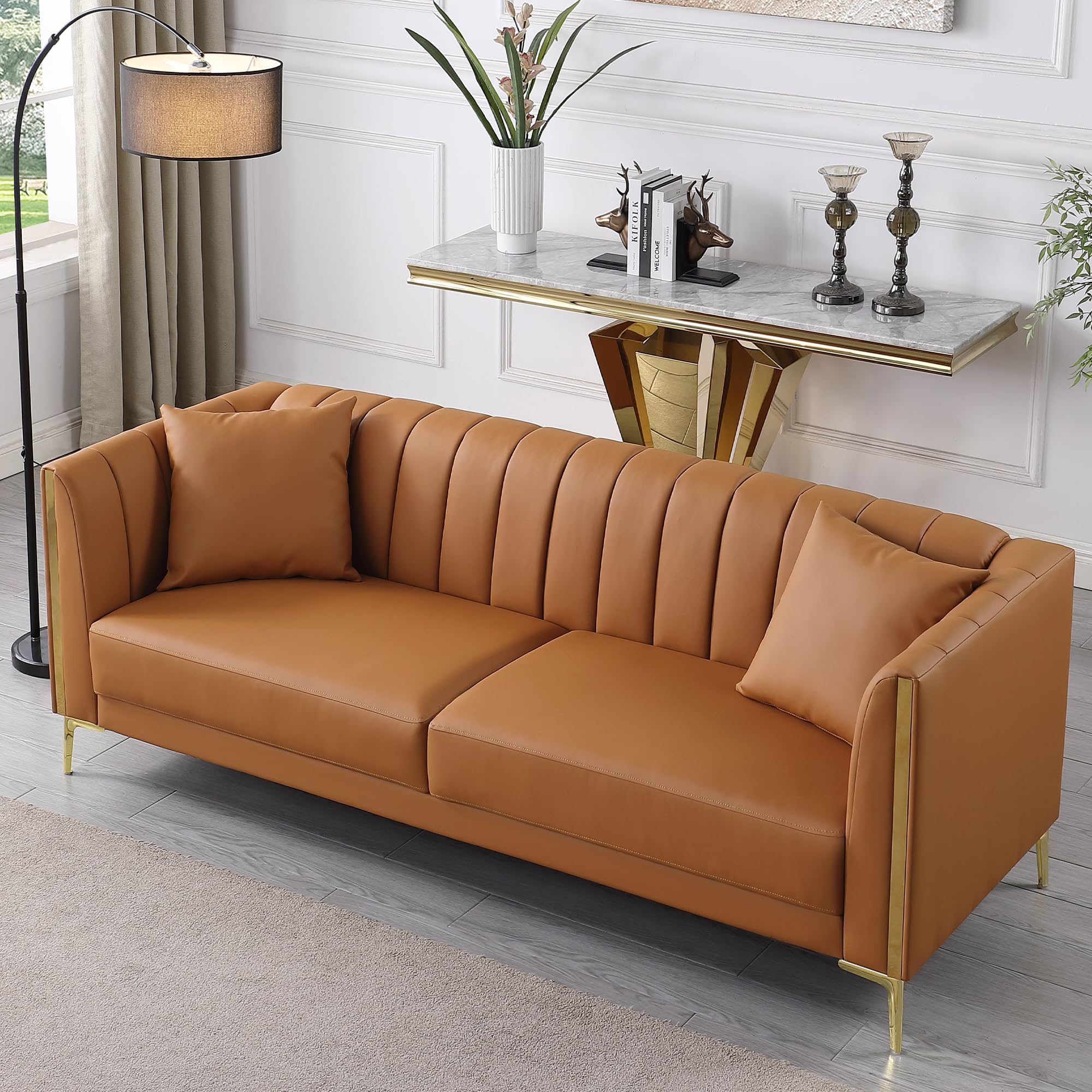 Leather Couch Sofa, Office Couches 78'' Apartment Faux Leather Sofa with 2 Throw Pillows & Gold Metal Legs, Waterproof 3 Seater Couches for Small Living Room, Affordable Luxury Design