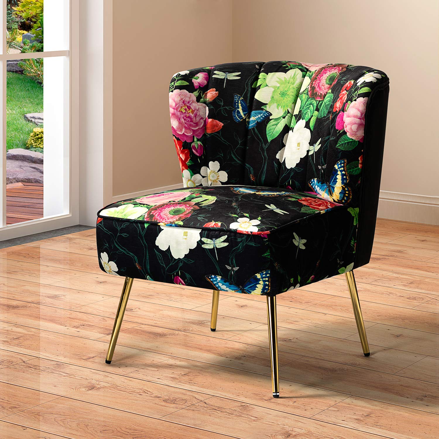 Armless Accent Chair with Gold Metal Legs, Comfy Tufted Floral Fabric Living Room Chair Wingback Small Side Chair, Upholstered Slipper Chair for Bedroom, Reading Room (Print Flower, BLACK)