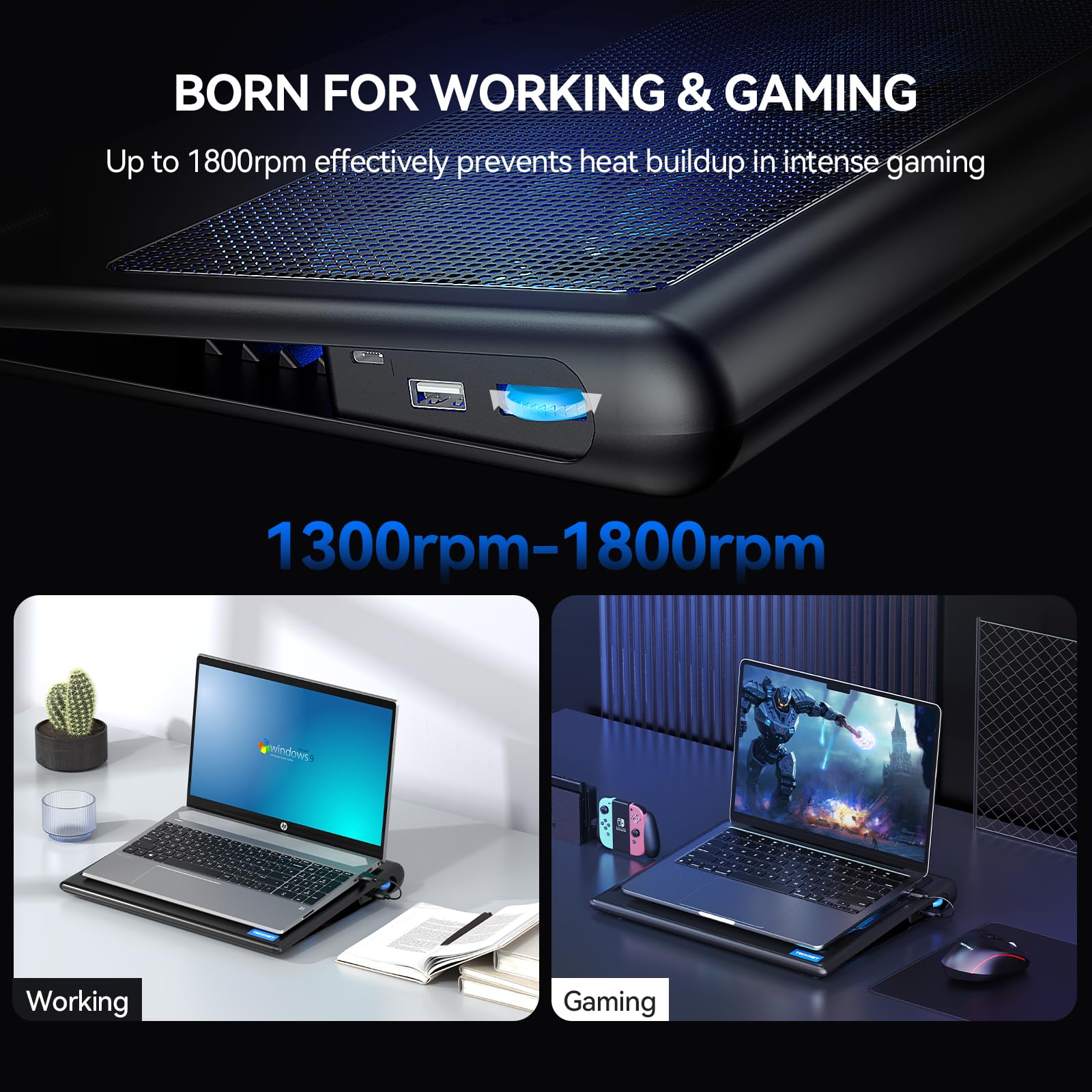 Laptop Cooling Pad - 12"-15.6" Laptops Cooler, Powerful Cooler and Ultra Quiet for Gaming Laptops Pad, 2 Wind Speed Adjustable, USB A & C Powered Cooler Stand with Laptop Fan LED (Blue)