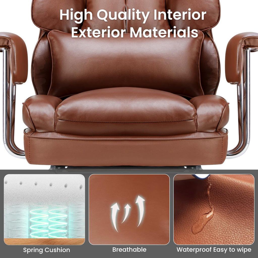 Home Office Desk Chair Comfy with Foot Rest, PU Leather Ergonomic Big and Tall High Back Support, 360° Swivel Wheels, Armrests and Detachable Pillow, Height Adjustable, Brown