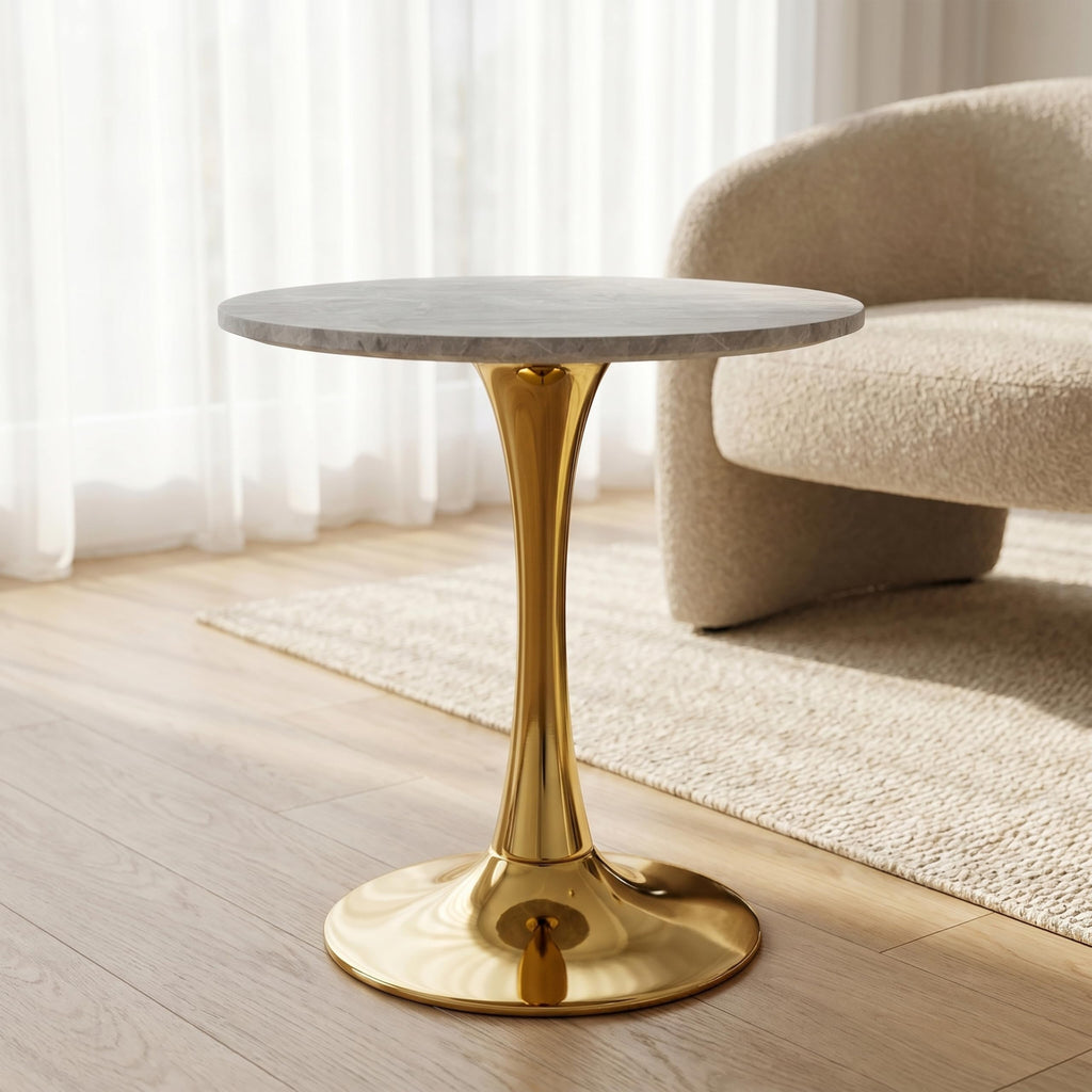 Sybrioka 27.6" Marble Round Tulip Table, Mid-Century Modern Style Dining Table with Gold Pedestal Base for 2-4 People, Featuring A Marble Tabletop for Kitchen, Dining Room, Cafe (Light Grey)