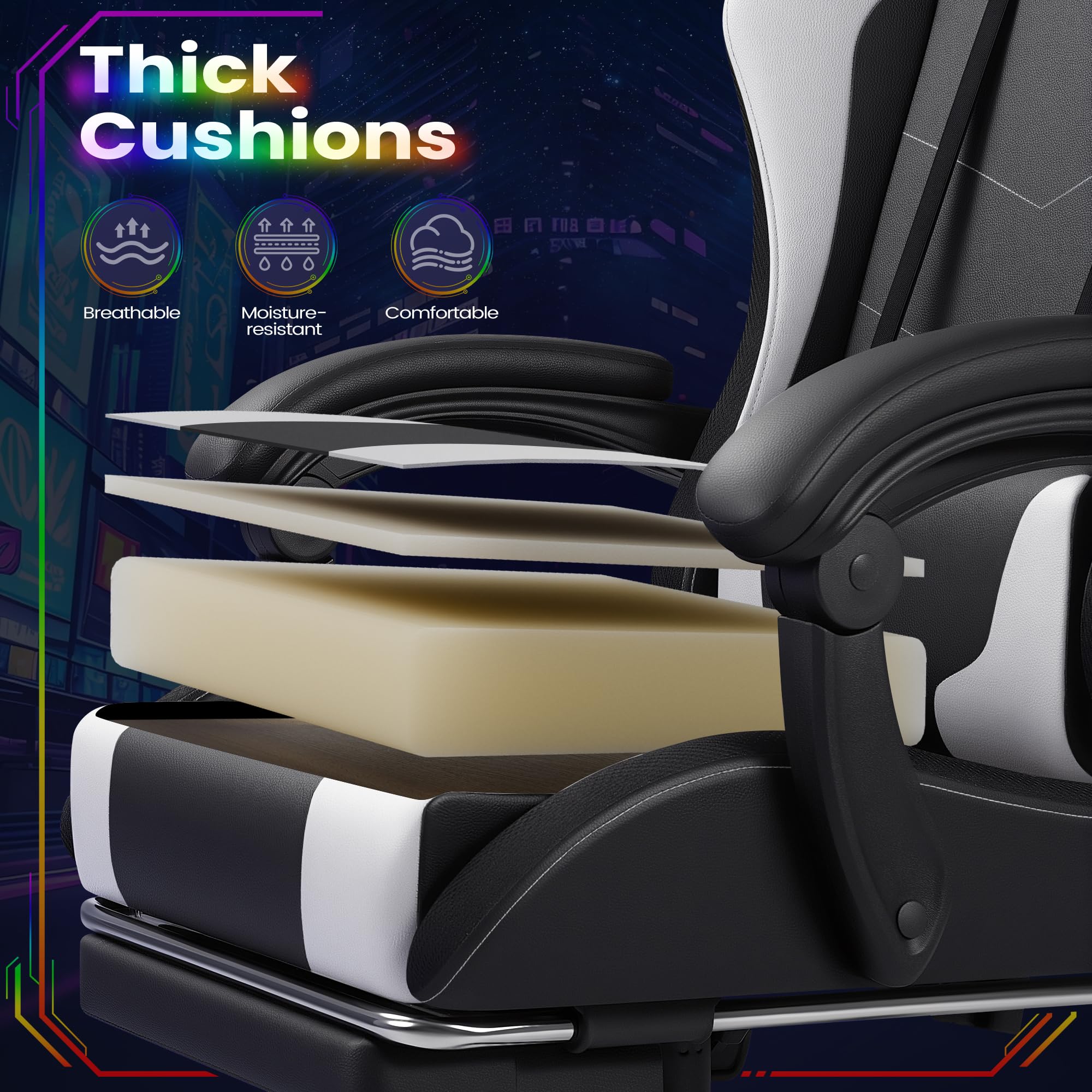 Gaming Chair, Video Game Chair with Footrest and Massage Lumbar Support, Ergonomic Computer Chair Height Adjustable with Swivel Seat and Headrest (RGB Lvory)