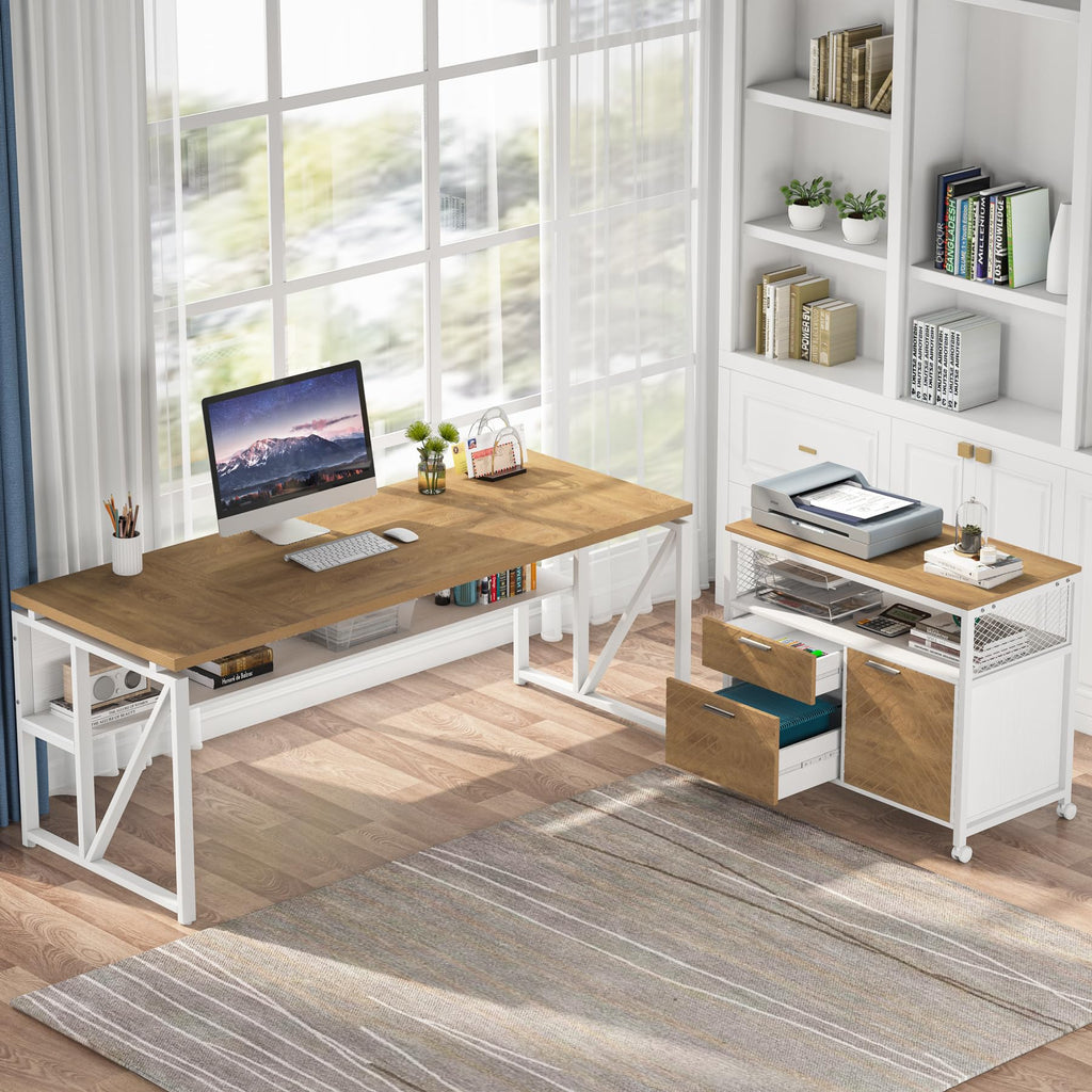 63" Executive Computer Desk and lateral File Cabinet, 2 Piece Home Office Furniture with Drawers for Hanging, Doors with Locks (Light Walnut, 63 inches)