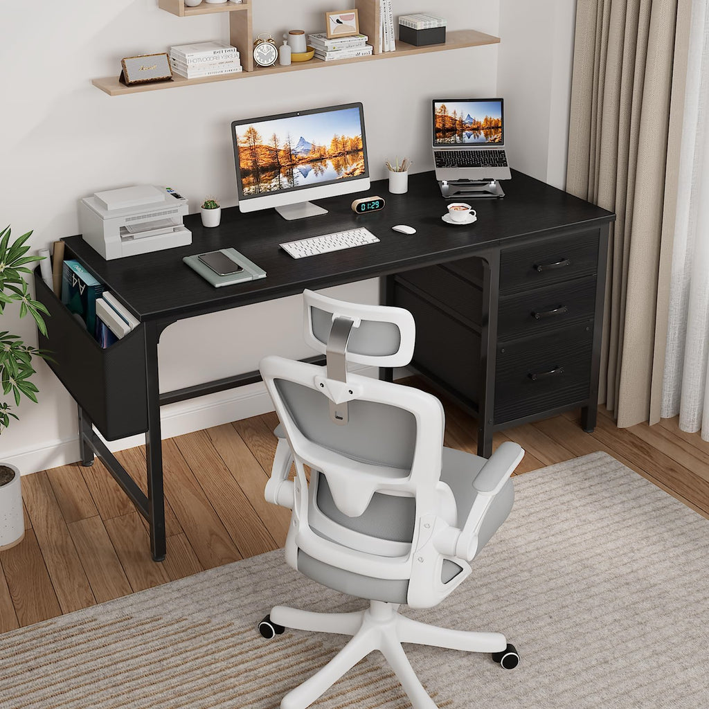 Computer Desk with Fabric File Drawers Cabinet, 55 Inch Reversible Home Office Desks with Filing Cabinet, Study Writing Table PC Desks with Storage for Bedroom, Black