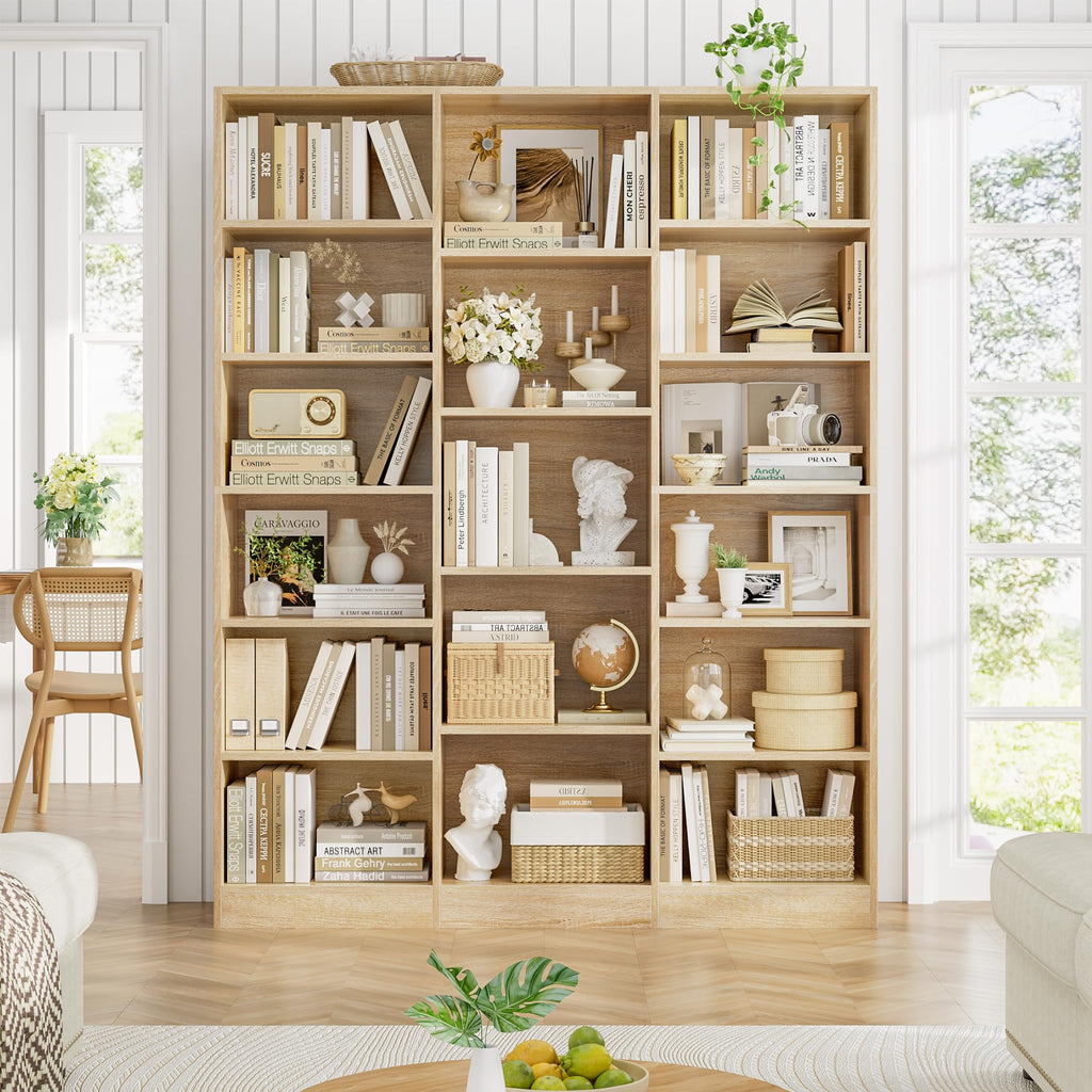 Triple Wide Bookshelf, Large Bookshelf with 17 Display Shelves