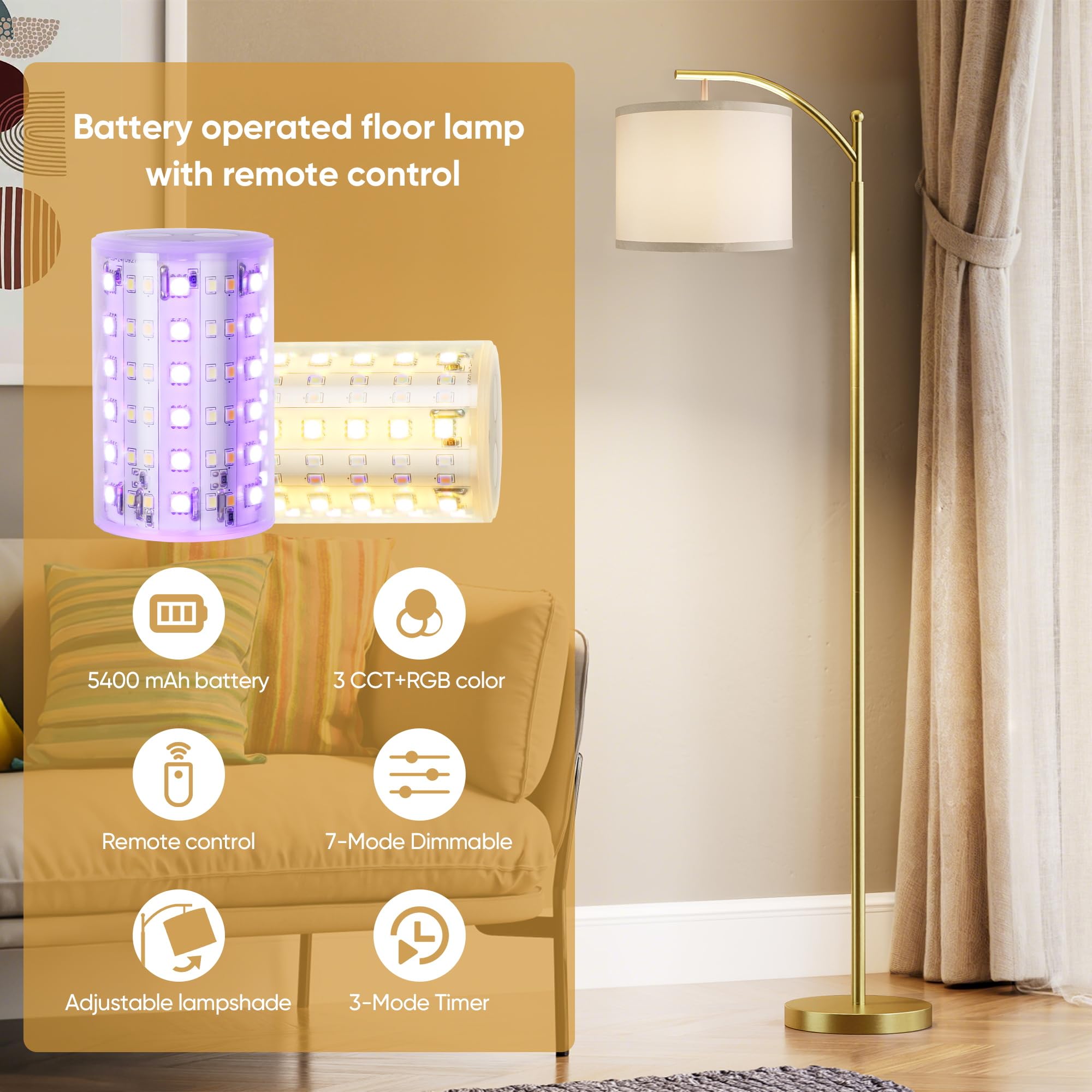 Battery Operated Floor Lamp, RGB Dimmable Cordless Standing Lamp with Remote Control for Living Room, Tall Floor Lamp for Bedroom -Gold