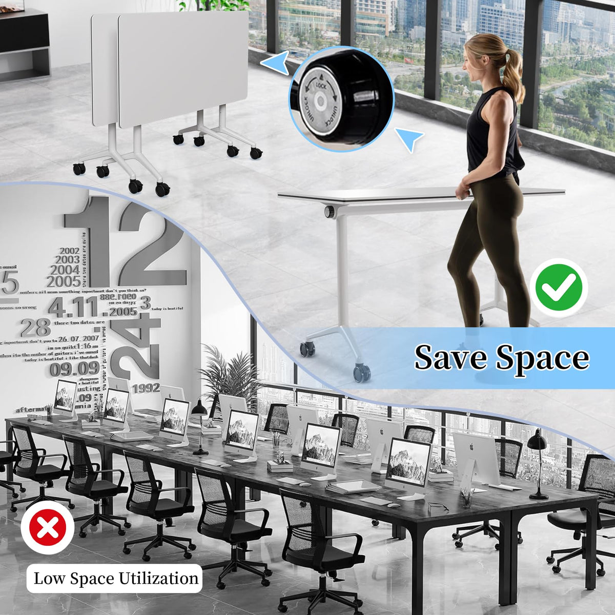 Conference Table, Folding Conference Room Tables, Modern Flip Top Seminar Training Meeting Table with Wheels, Modular Foldable Conference Tables for Home Office Classroom (White 2 Pack,47.2inch)