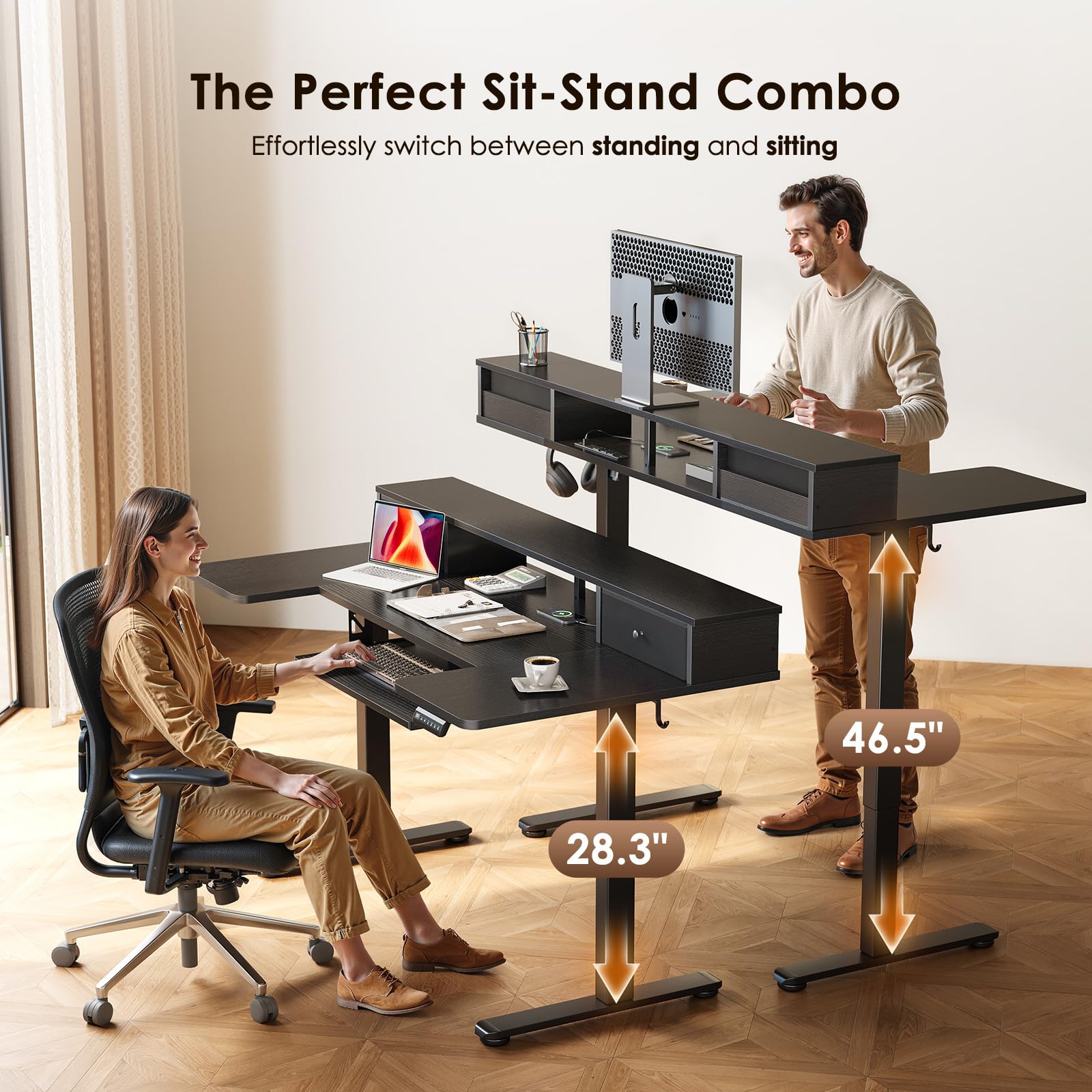 U Shaped Electric Standing Desk with Drawers, 55 Inch Height Adjustable Desk with Keyboard Tray ＆ Ergonomic Monitor Stand, Sit Stand Table with Power Outlets for Home, Office, Black