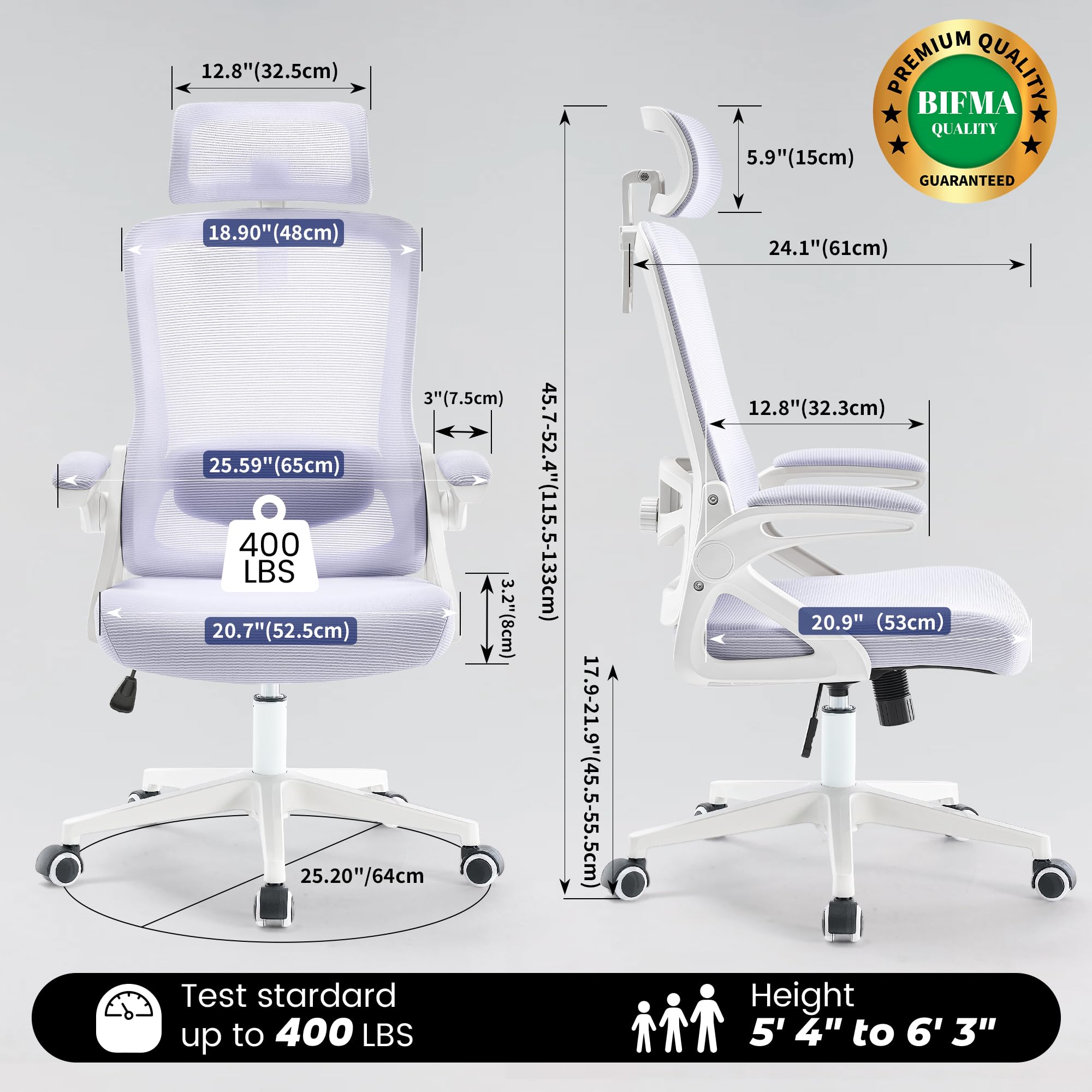 Ergonomic Office Chair, 400 LBS Desk Chair with Adjustable Lumbar Support, High Back Breathable Mesh Computer Chair Rolling Work Swivel Task Chairs, Comfy Home Office Desk Chair (Lavender)