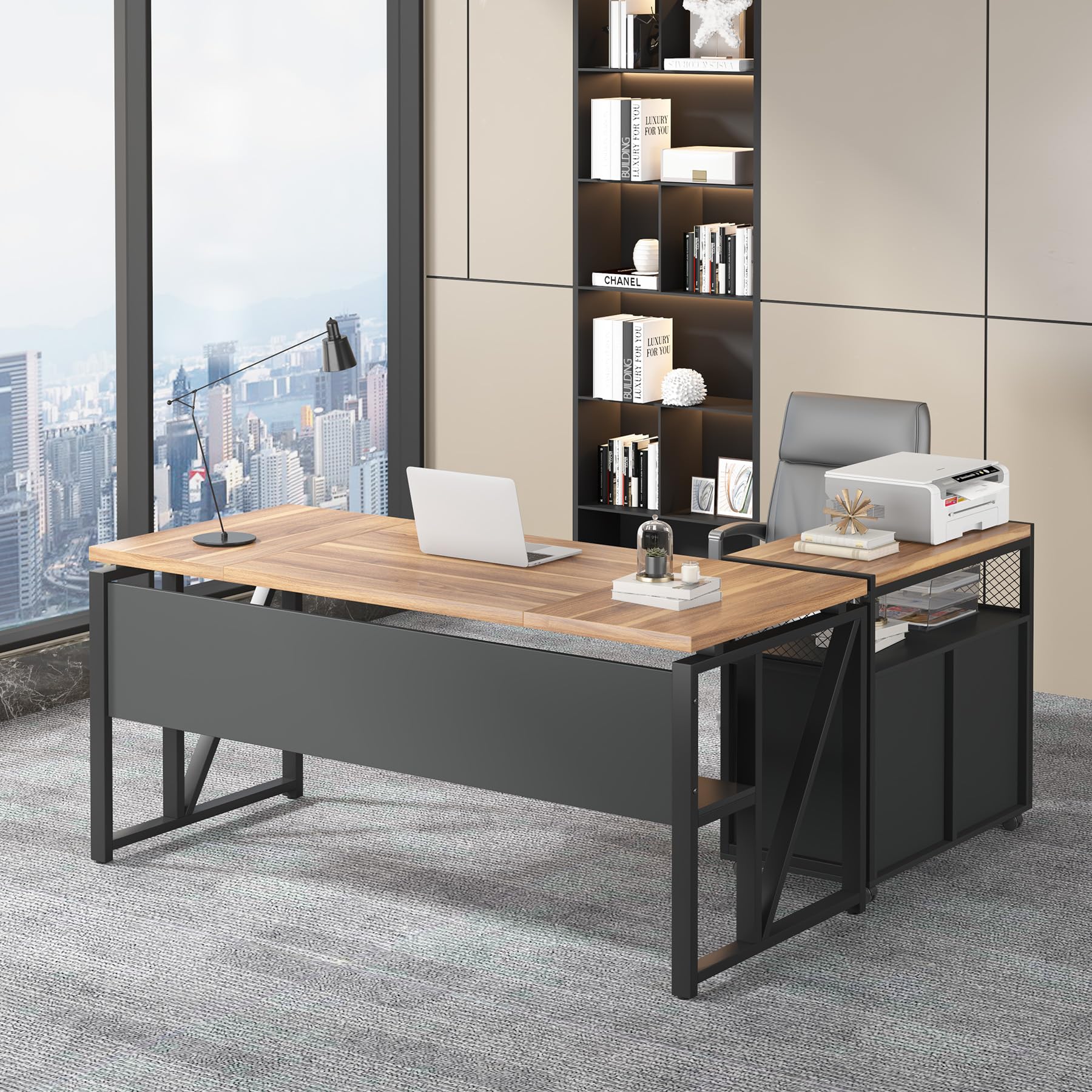 63" Executive Desk with Reversible File Cabinet, Large L-Shaped Office Desk with Drawers, Business Furniture Workstation for Home Office
